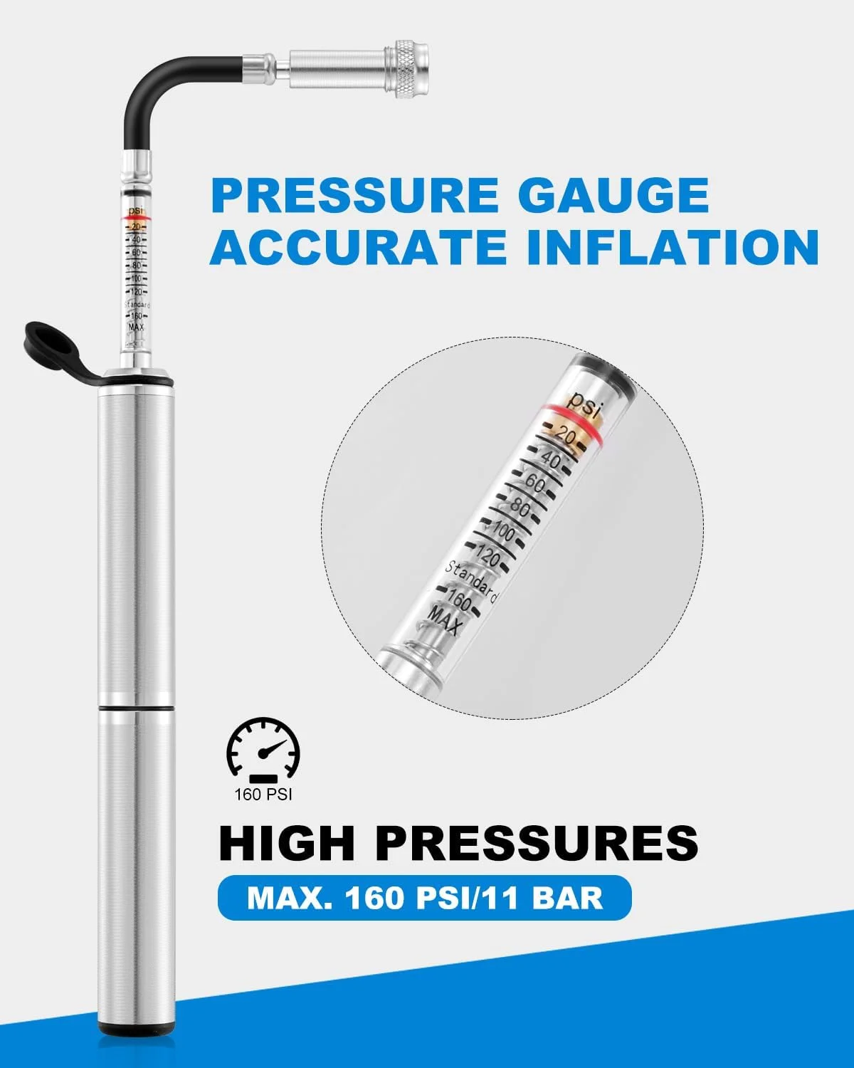 تلمبه مینی دوچرخه JULAI با درجه فشار، تلمبه دستی قابل حمل - تلمبه بدنه دوچرخه با سوزن توپی - مناسب برای والف های پرستا و شرادر - سبک وزن برای دوچرخه های جاده، کوهستان و BMX - فشار بالا 160 PSI