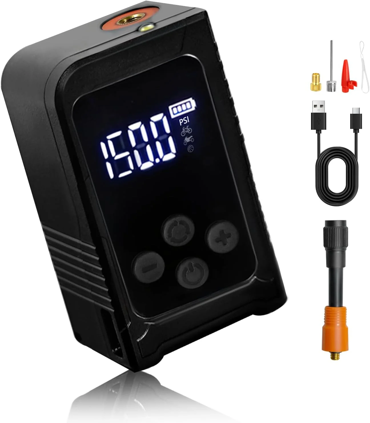 پمپ باد لاستیک مینی دوچرخه با گیج 150PSI، پمپ باد قابل حمل شارژی، پمپ باد برقی با والف پرستا و شرادر برای دوچرخه جاده، دوچرخه کوهستان، دوچرخه برقی، توپ