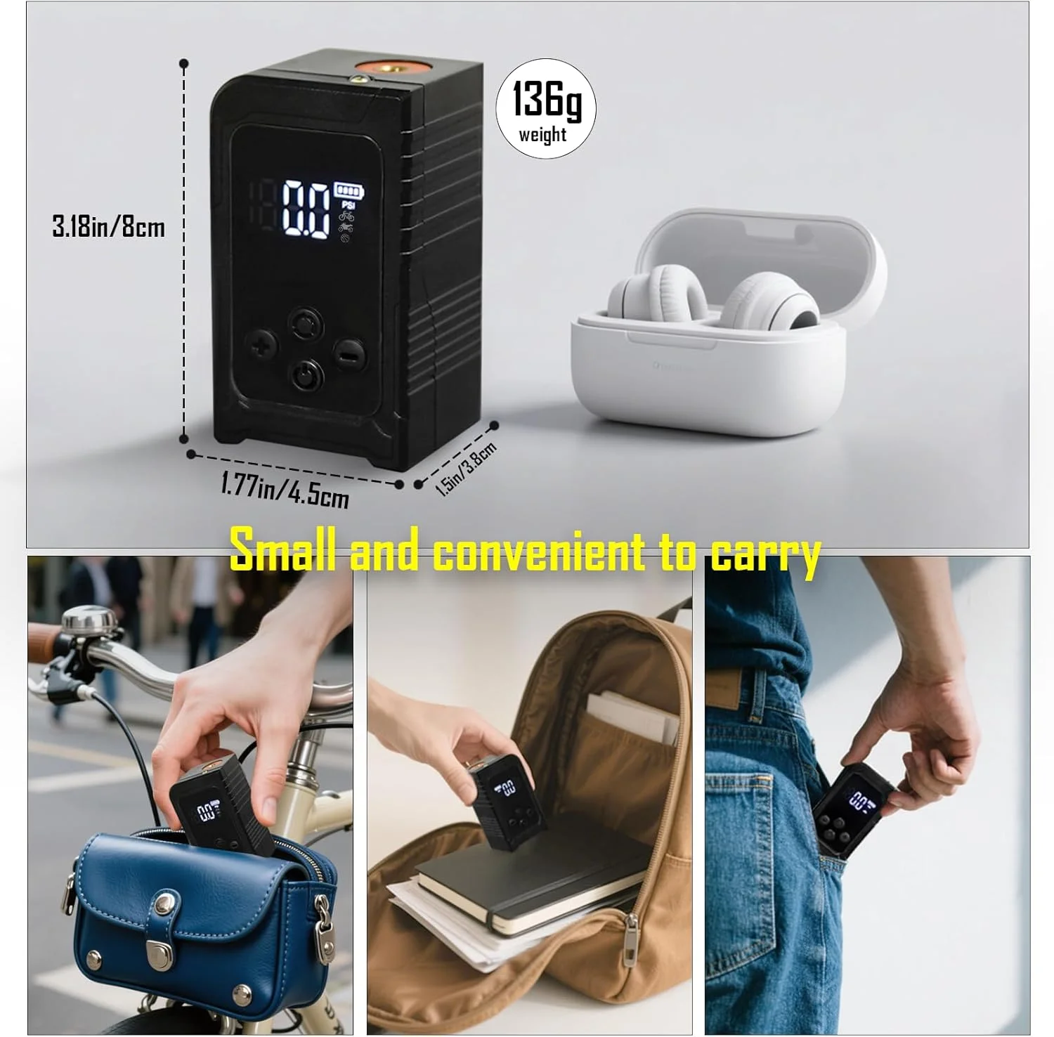 پمپ باد لاستیک مینی دوچرخه با گیج 150PSI، پمپ باد قابل حمل شارژی، پمپ باد برقی با والف پرستا و شرادر برای دوچرخه جاده، دوچرخه کوهستان، دوچرخه برقی، توپ