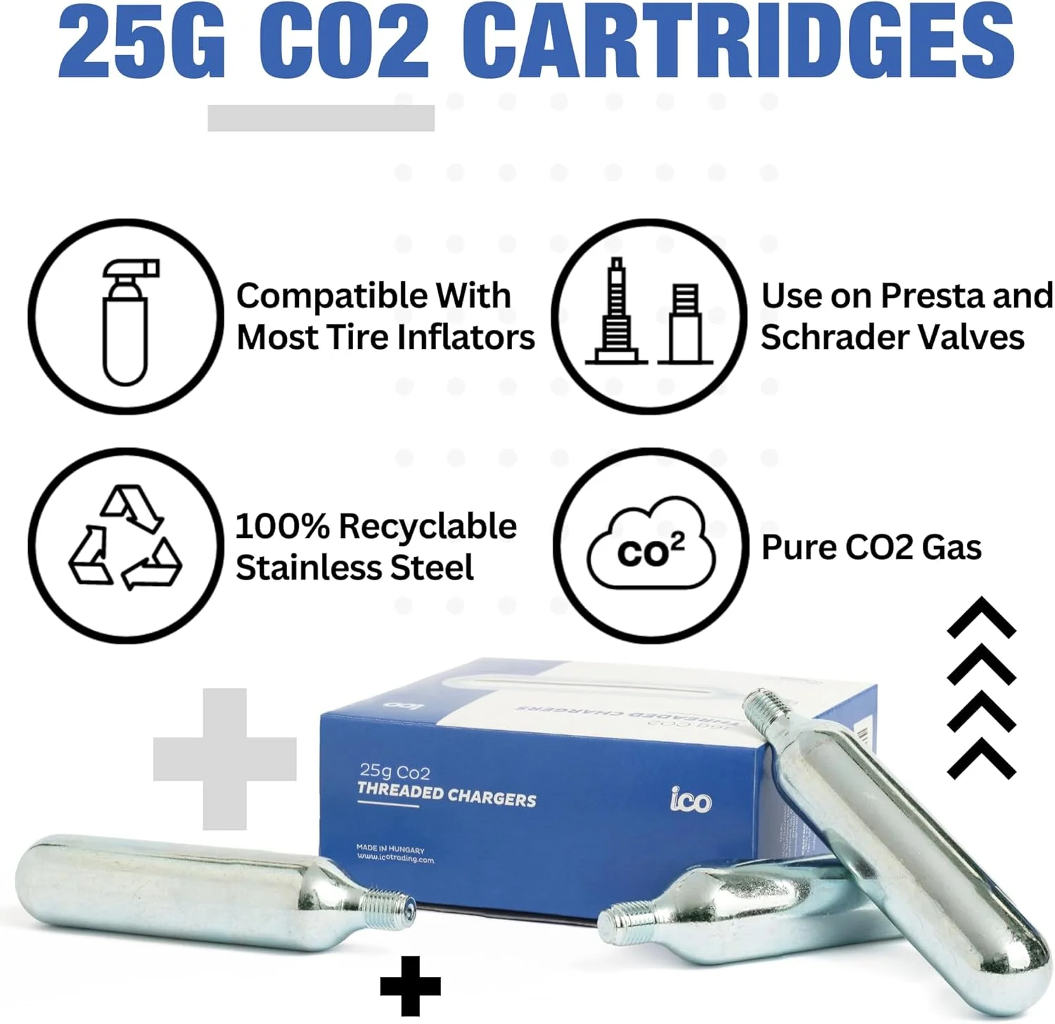 کپسول CO2 رزوه ای ICO CO2، 16 گرم / 25 گرم، کپسول های CO2 برای استفاده با تلمبه باد لاستیک دوچرخه CO2، کپسول های C02 برای دوچرخه های کوهستانی و جاده ای، کپسول های CO2 با گرید غذایی