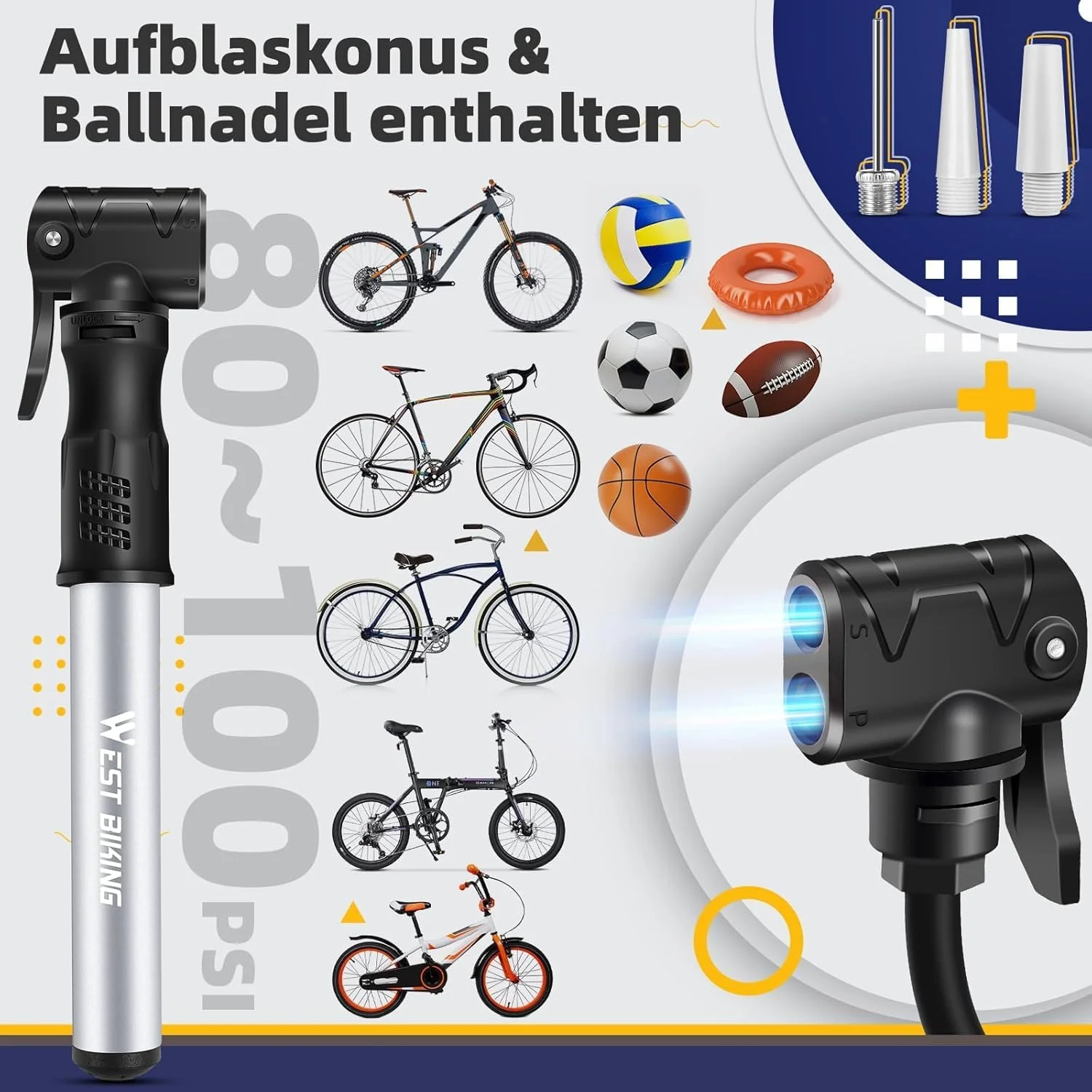 تلمبه دوچرخه قابل حمل - تلمبه هوای مینی آلیاژ آلومینیوم برای والف های پرستا و شرادر، تلمبه تایر سبک وزن با باد سریع برای دوچرخه های کوهستانی/جاده ای، تلمبه مسافرتی بادوام (نقره ای)