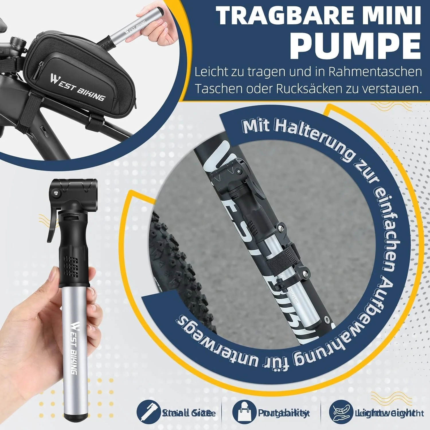 تلمبه دوچرخه قابل حمل - تلمبه هوای مینی آلیاژ آلومینیوم برای والف های پرستا و شرادر، تلمبه تایر سبک وزن با باد سریع برای دوچرخه های کوهستانی/جاده ای، تلمبه مسافرتی بادوام (نقره ای)