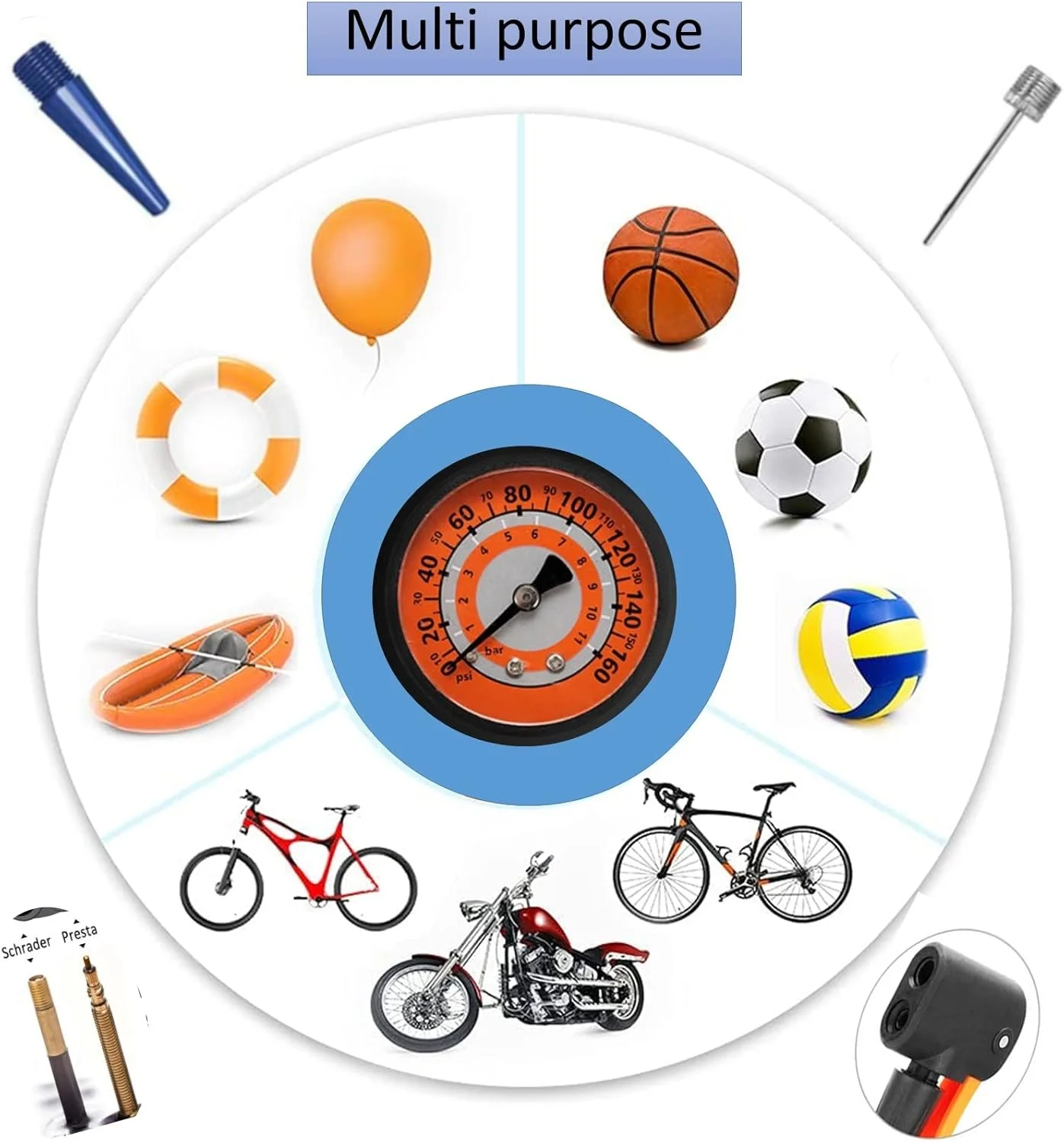 پمپ باد دوچرخه گارزی، تلمبه دستی و پدالی قابل حمل برای باد کردن لاستیک، توپ بسکتبال، فوتبال، اسباب بازی و کمپرسور هوا به همراه قمقمه و نگهدارنده قمقمه دوچرخه در لوازم جانبی ورزشی