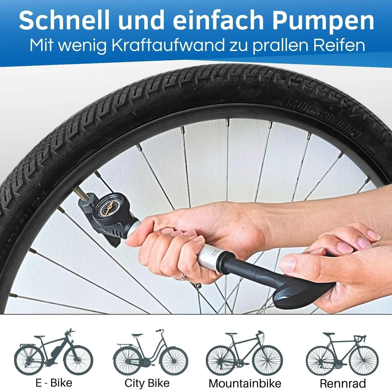 تلمبه کوچک دوچرخه HiLo sports برای همه دریچه‌ها - سر تلمبه هوشمند - تغییر خودکار دریچه - فشارسنج 8 بار - تلمبه هوای کوچک با نصب روی بدنه