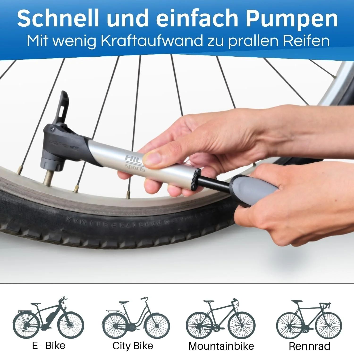 تلمبه مینی دوچرخه HiLo sports برای همه دریچه‌ها [سر تلمبه هوشمند] - تغییر خودکار دریچه - تلمبه هوای مینی 6 بار - تلمبه کوچک دوچرخه با براکت و پیچ‌های قاب