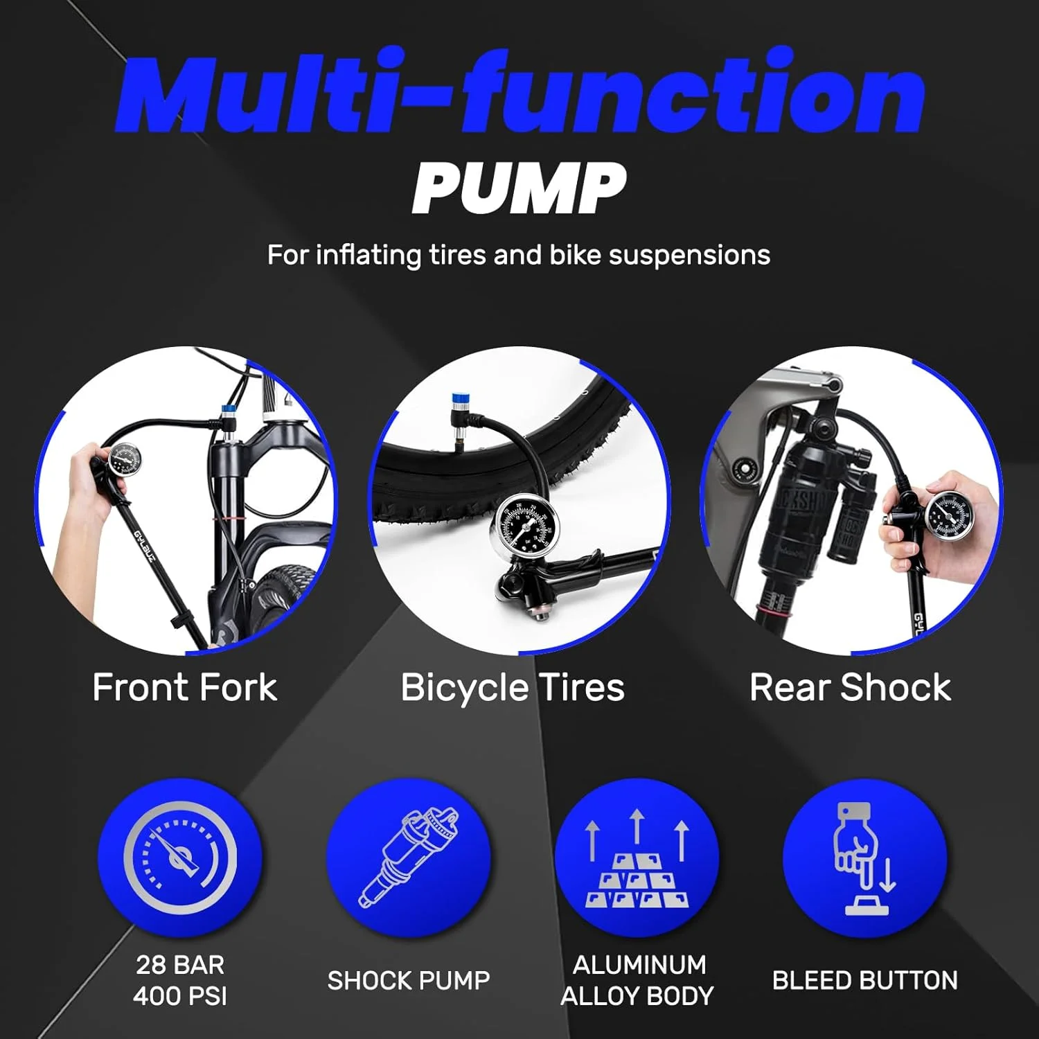 تلمبه شوک فشار قوی: تلمبه بادی شوک دوچرخه با گیج 400 PSI برای دوشاخ و سیستم تعلیق عقب دوچرخه، تلمبه کوچک دوچرخه کوهستان مناسب برای دریچه شرادر
