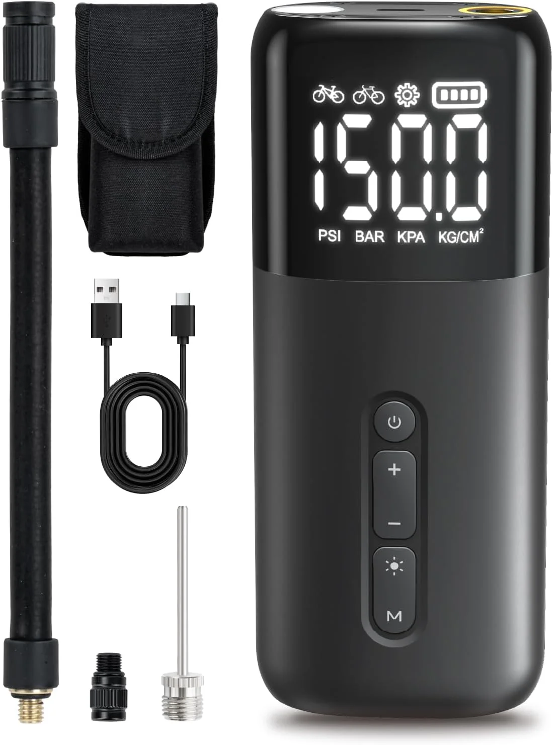 پمپ باد برقی دوچرخه HT10: پمپ دوچرخه قابل حمل با باد کردن سریع برای والف های پرستا و شرادر، تایر بادی فشار قوی 150 Psi با گیج دیجیتال برای دوچرخه های جاده ای، دوچرخه های کوهستانی، دوچرخه های برقی