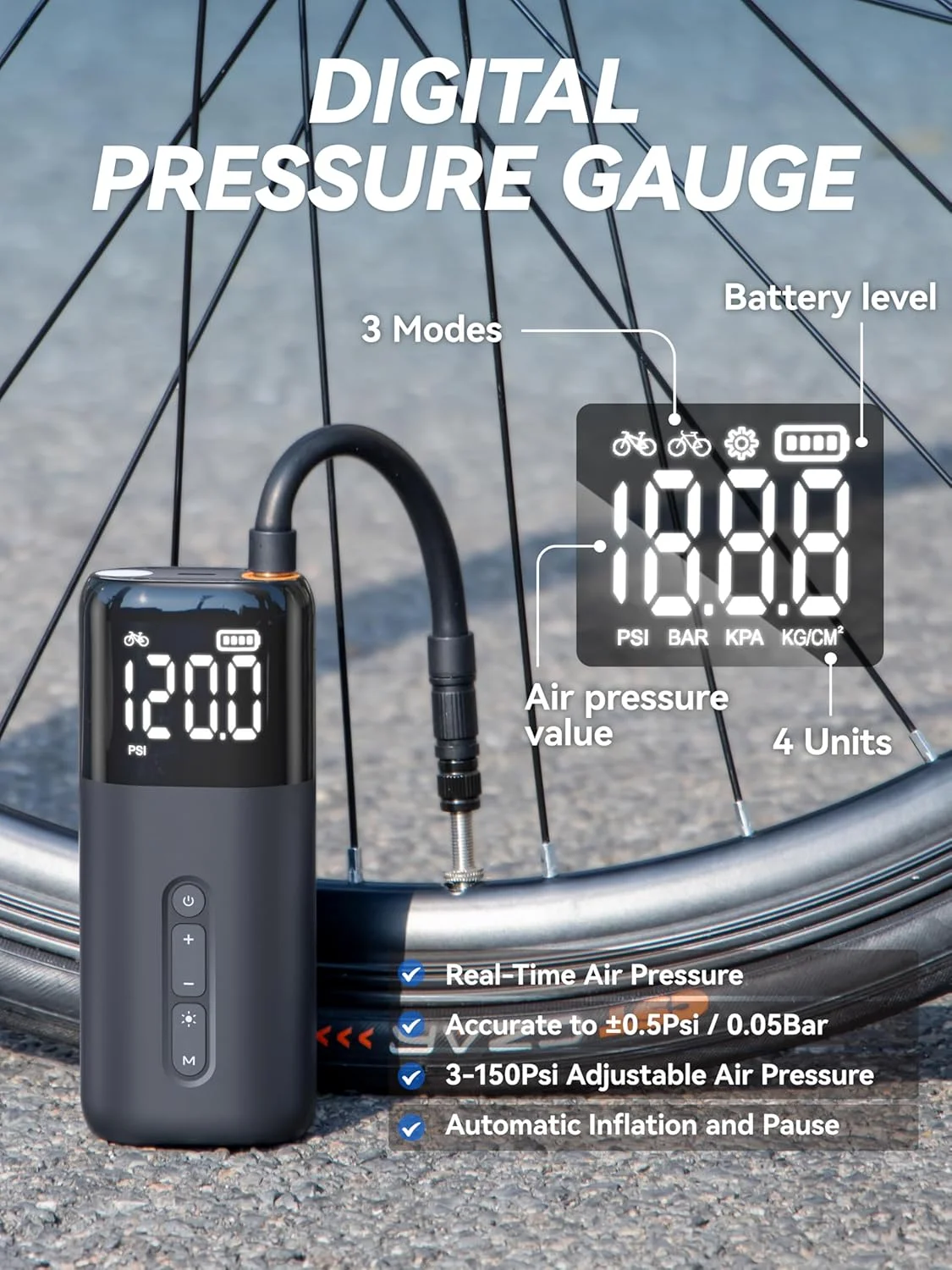 پمپ باد برقی دوچرخه HT10: پمپ دوچرخه قابل حمل با باد کردن سریع برای والف های پرستا و شرادر، تایر بادی فشار قوی 150 Psi با گیج دیجیتال برای دوچرخه های جاده ای، دوچرخه های کوهستانی، دوچرخه های برقی