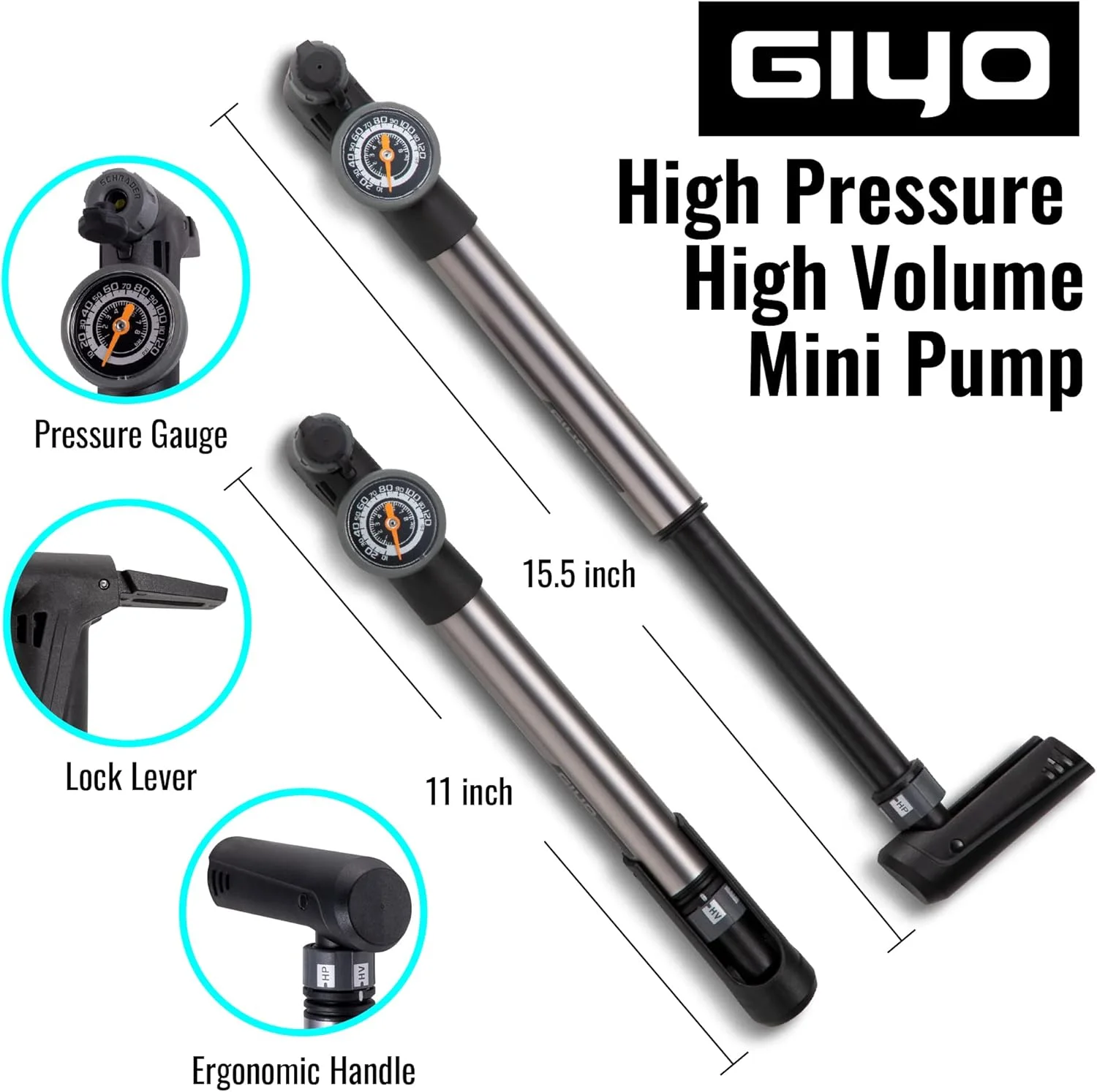 تلمبه مینی دوچرخه جدید جییو با قابلیت تغییر حجم/فشار بالا به همراه فشارسنج | دریچه هوشمند مناسب برای پرستا و شرادر حداکثر 120 PSI برای MTB و جاده (GP-993) ساخت تایوان