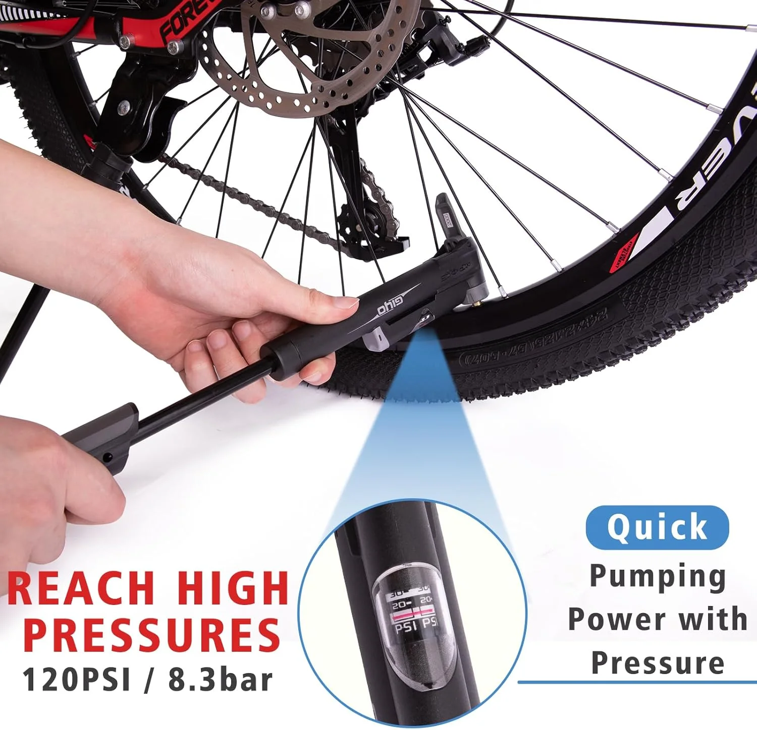 تلمبه مینی دوچرخه GIYO، تلمبه دوچرخه قابل حمل و جمع و جور با فشارسنج، کیت تعمیر تایر، مناسب برای نصب روی بدنه Presta & Schrader برای دوچرخه سواری جاده، کوهستان و BMX، تلمبه توپ با سوزن 120 PSI