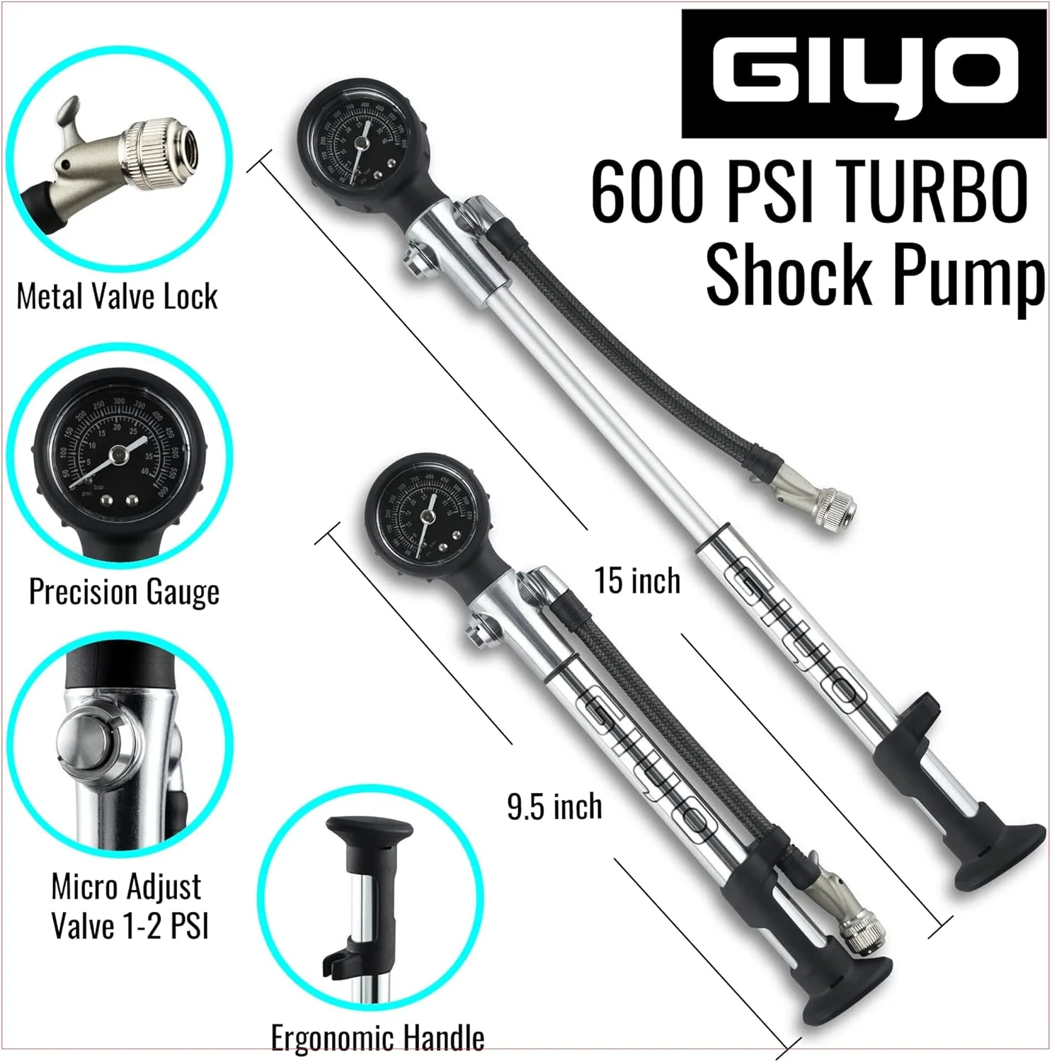 تلمبه شوک دوچرخه GIYO Air Turbo با گیج 600 psi - سیستم توربو، تنظیم دقیق خروجی هوا، سر لاستیکی ضد خش، بدنه آلومینیومی، دسته راحت و پوشش محافظ گیج