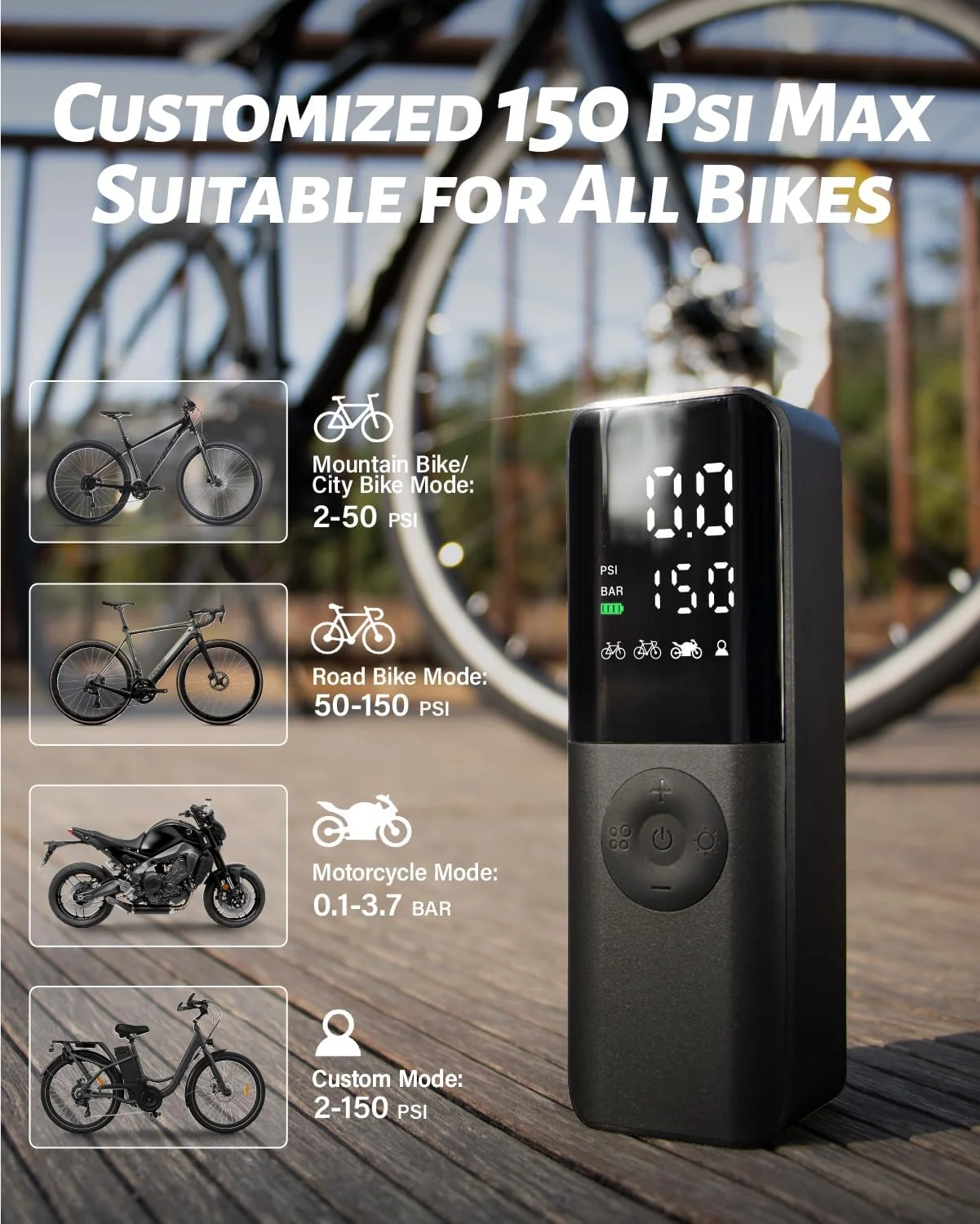 پمپ باد برقی تایر دوچرخه: تایر پرکن قابل حمل 150Psi با گیج فشار دیجیتال برای دوچرخه جاده، دوچرخه کوهستان، دوچرخه برقی، موتورسیکلت با لوازم جانبی والف Presta، Schrader، Dunlop