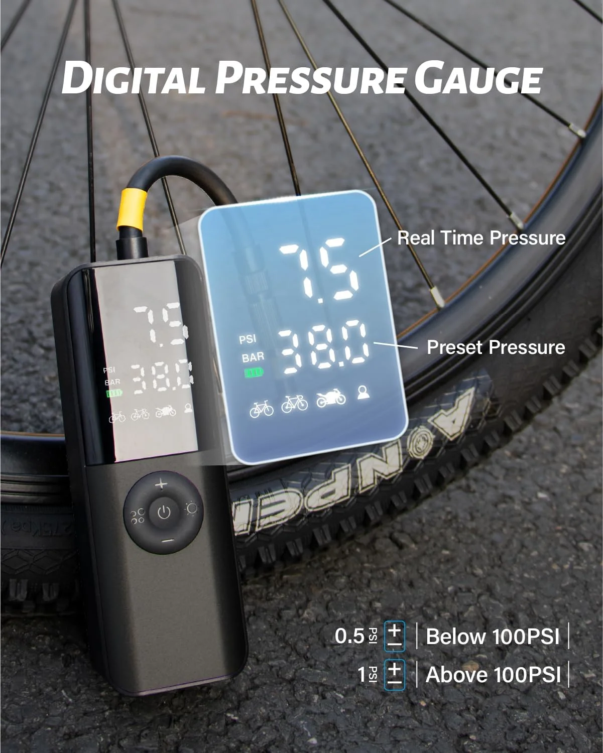 پمپ باد برقی تایر دوچرخه: تایر پرکن قابل حمل 150Psi با گیج فشار دیجیتال برای دوچرخه جاده، دوچرخه کوهستان، دوچرخه برقی، موتورسیکلت با لوازم جانبی والف Presta، Schrader، Dunlop