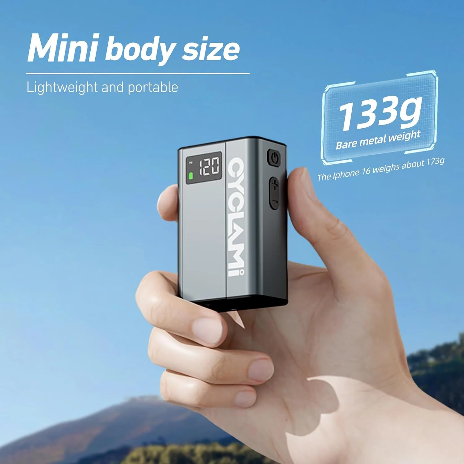 تلمبه باد کوچک دوچرخه با درجه فشار سنج، تلمبه بادی برقی CYCLAMI مدل E1 با حداکثر فشار ۱۲۰PSI