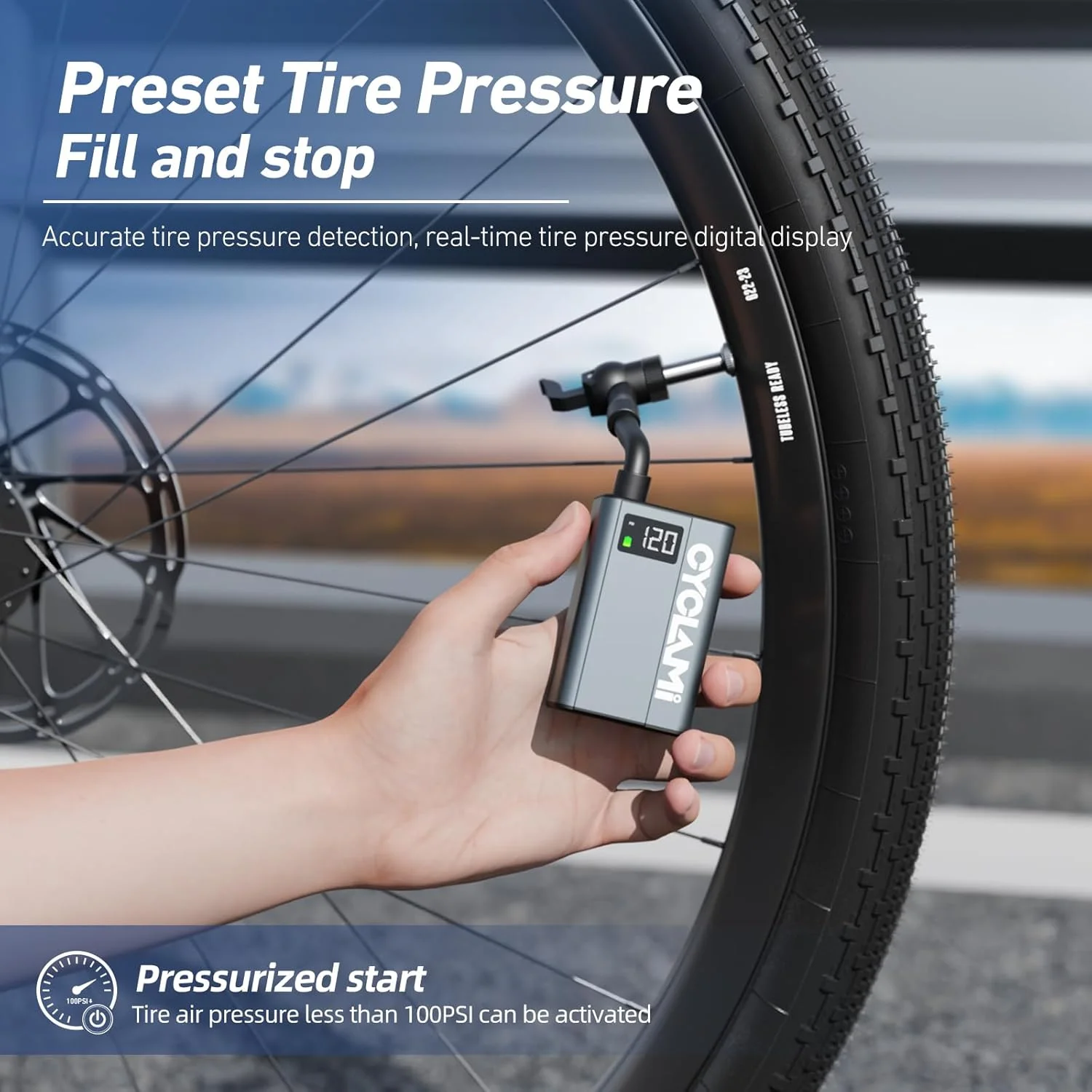 تلمبه باد کوچک دوچرخه با درجه فشار سنج، تلمبه بادی برقی CYCLAMI مدل E1 با حداکثر فشار ۱۲۰PSI