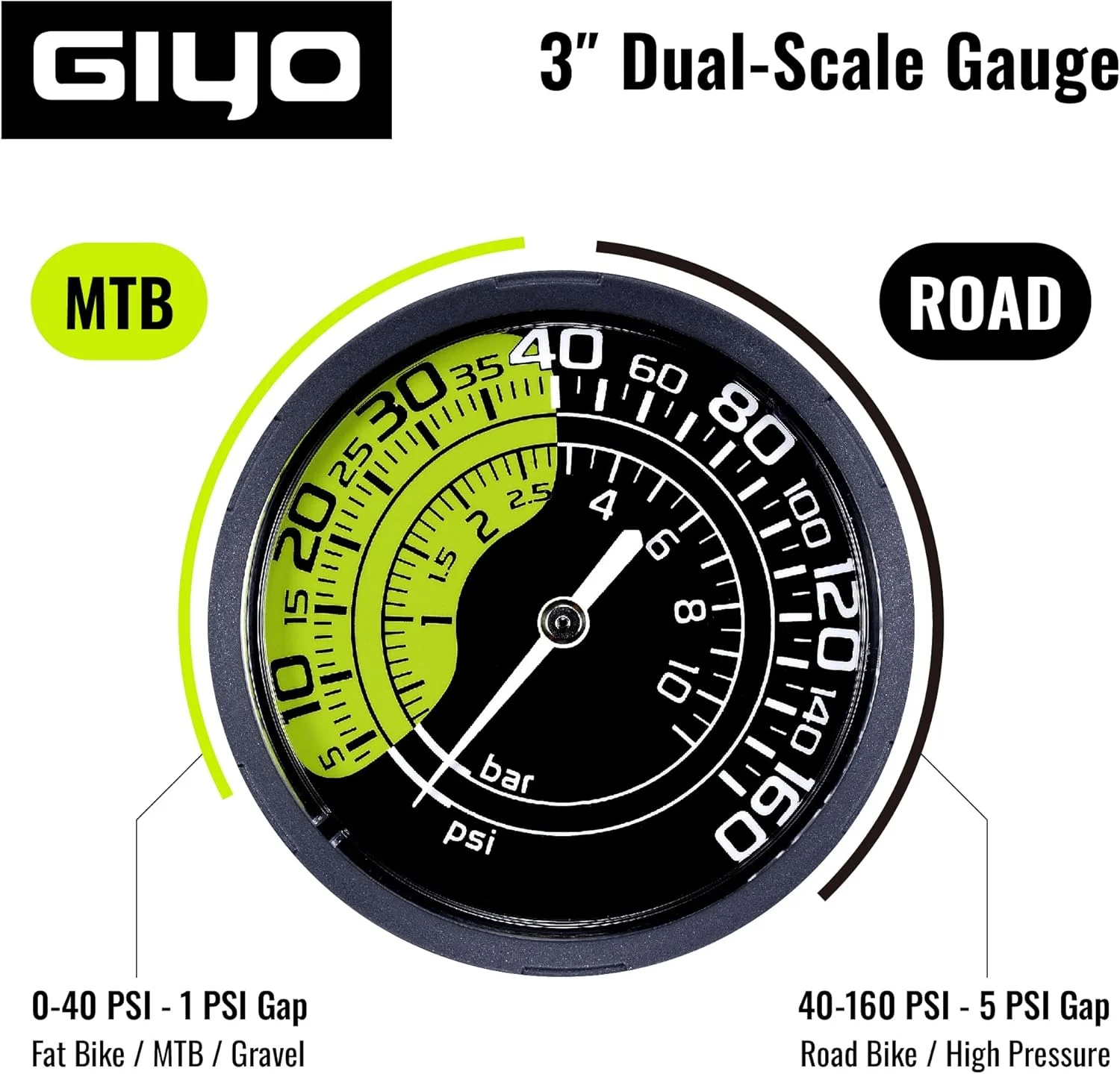 تلمبه زمینی دوچرخه GIYO - گیج دوگانه 3 اینچی - مناسب جاده و کوهستان | عملکرد تک دستی - دریچه هوشمند برای پرستا و شرادر | حداکثر فشار 160PSI بدنه فولادی (GF27)