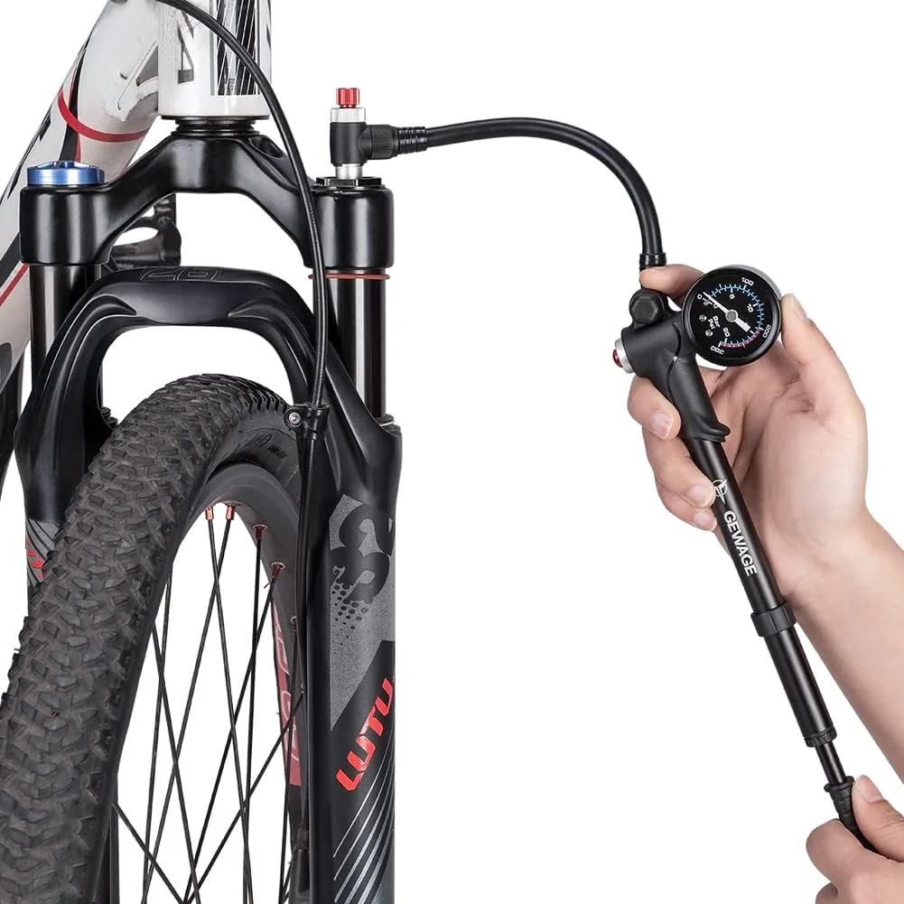 پمپ کمک فنر فشار قوی GEWAGE (حداکثر 300 PSI)، پمپ دو منظوره دوچرخه برای دوشاخ و تایر، مناسب برای MTB، دوشاخ دوچرخه کورسی و سیستم تعلیق عقب، پمپ مینی قابل حمل با دکمه تخلیه هوا