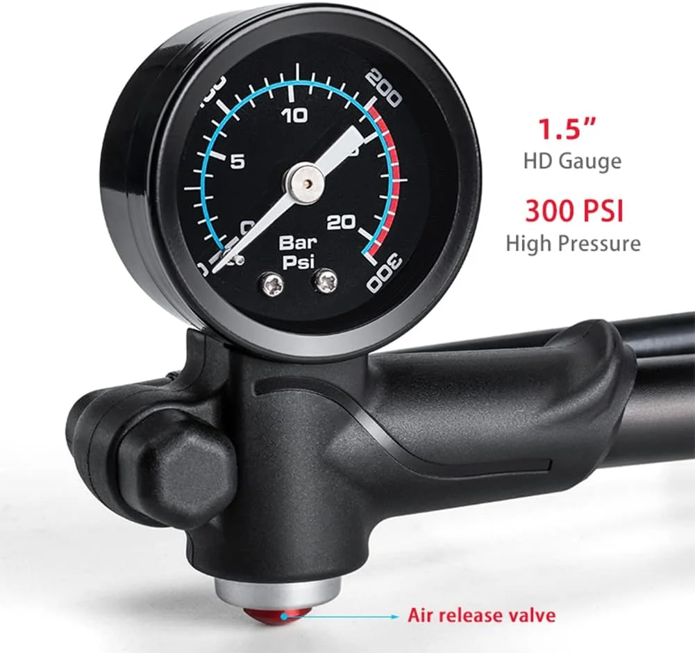 پمپ کمک فنر فشار قوی GEWAGE (حداکثر 300 PSI)، پمپ دو منظوره دوچرخه برای دوشاخ و تایر، مناسب برای MTB، دوشاخ دوچرخه کورسی و سیستم تعلیق عقب، پمپ مینی قابل حمل با دکمه تخلیه هوا