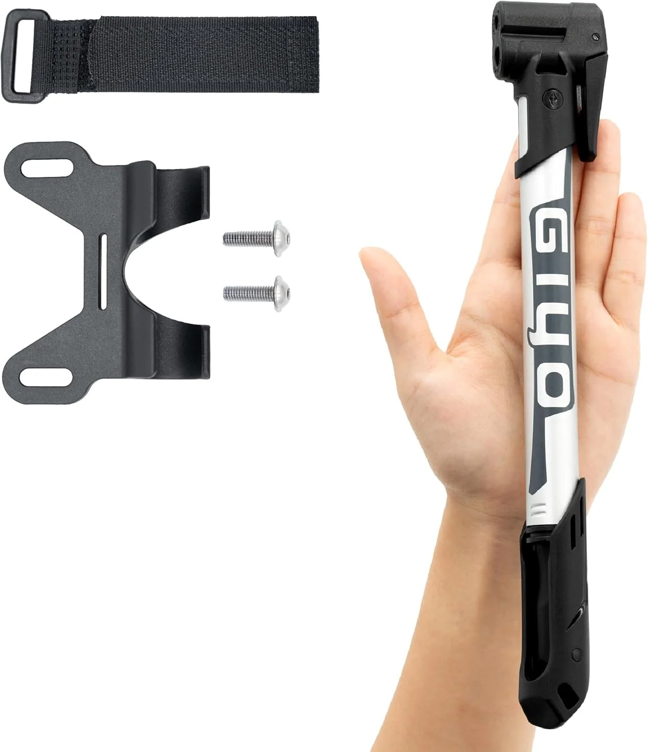 تلمبه مینی دوچرخه تیوبلس GIYO GP-44DH، سر تلمبه دو سوراخه با طراحی ضد گرفتگی، سازگار با والف های پرستا و شرادر، دسته ارگونومیک، تلمبه دوچرخه