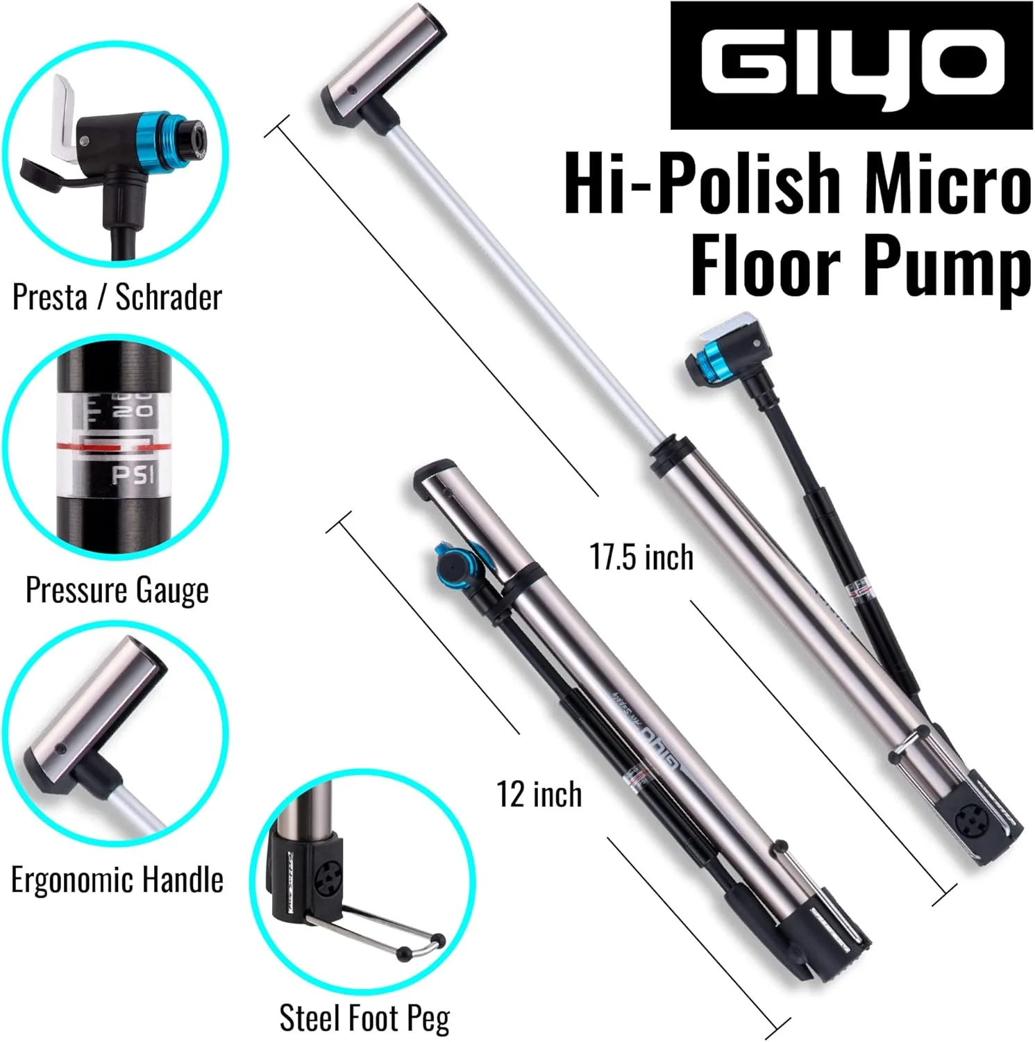 پمپ دوچرخه دقیق GIYO GM741 با درجه فشار - پمپ زمینی قابل حمل، بادوام و سبک برای دوچرخه‌های کوهستانی و جاده‌ای، 140 PSI، سازگاری با دریچه جهانی