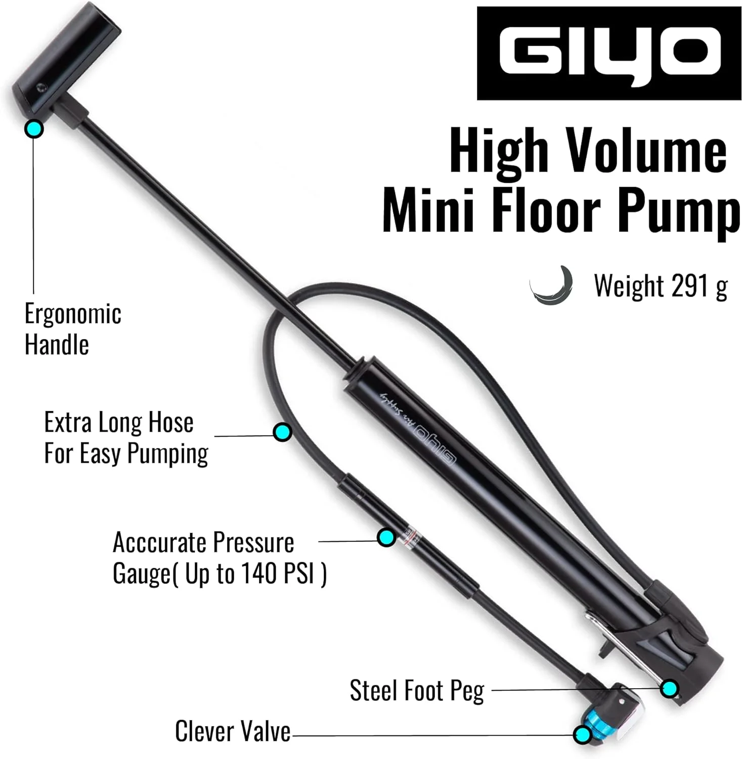 تلمبه زمینی کوچک جدید جییو، تلمبه بادوام با ظرفیت بالا به همراه پایه پدالی فولادی، مناسب برای چرخ‌های 29 اینچ، سازگار با هر دو والف پرستا و شرادر (GM631)