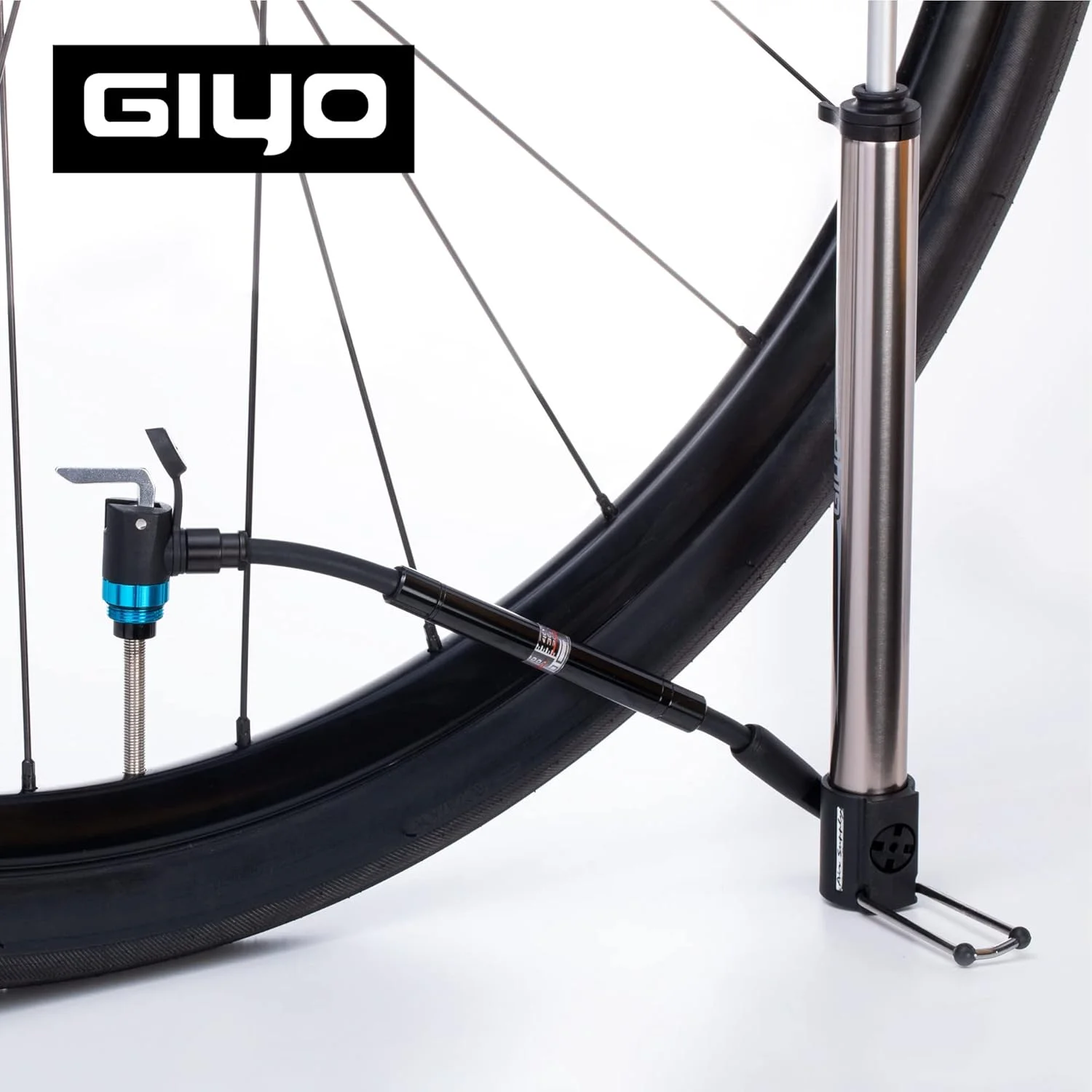 پمپ دوچرخه دقیق GIYO GM741 با درجه فشار - پمپ زمینی قابل حمل، بادوام و سبک برای دوچرخه‌های کوهستانی و جاده‌ای، 140 PSI، سازگاری با دریچه جهانی