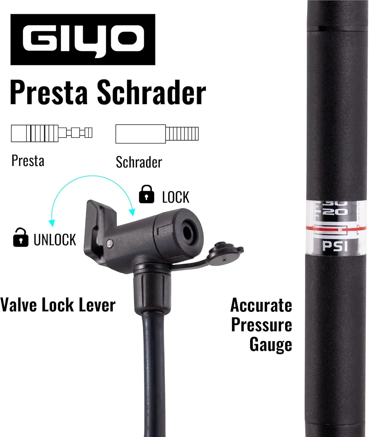 تلمبه پایی کوچک دوچرخه GIYO با درجه فشار، تلمبه تایر قابل حمل و سبک وزن، آلومینیومی با حجم پمپاژ بالا، نصب روی بدنه، ساخت تایوان (GM-641)