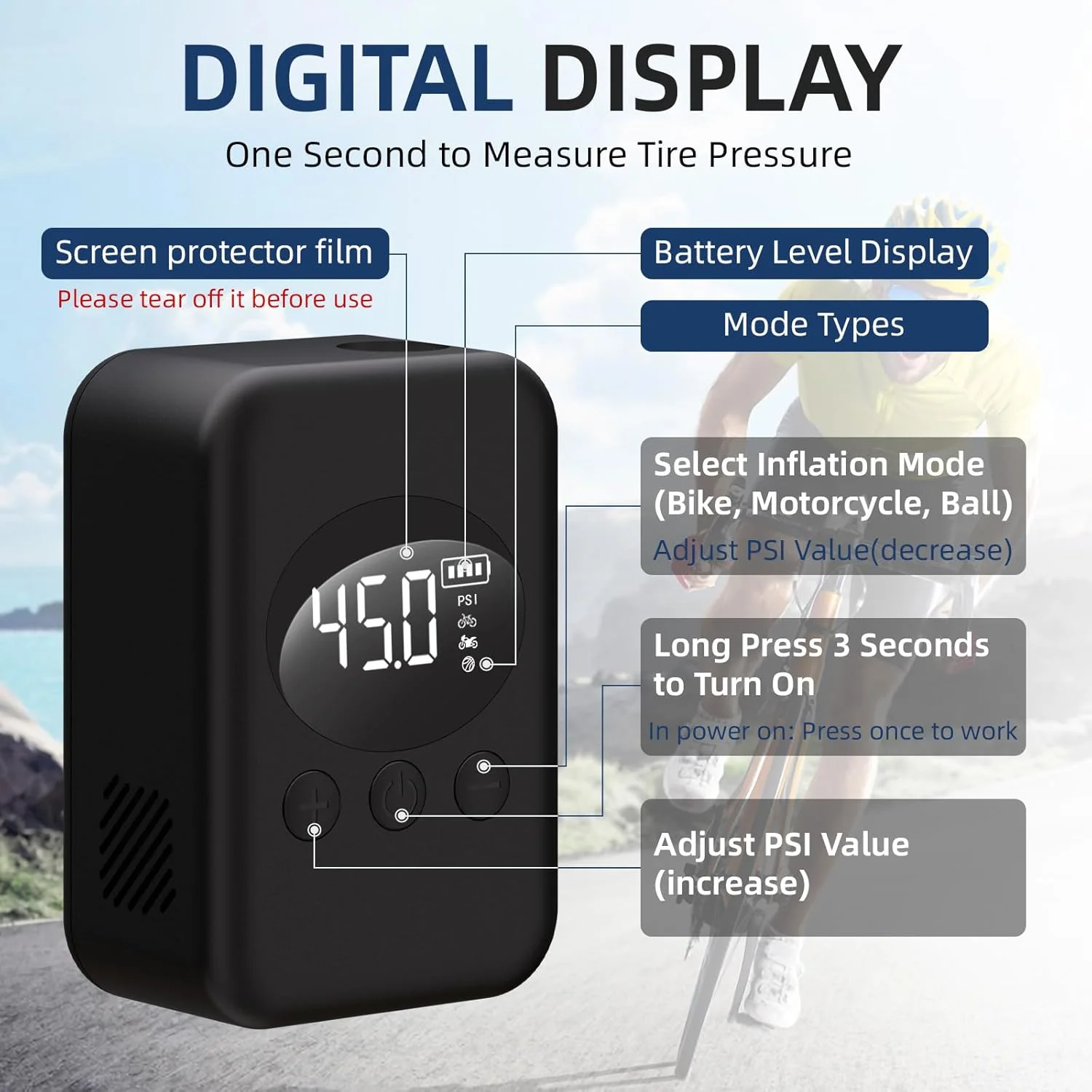 پمپ باد برقی کوچک دوچرخه قابل حمل با درجه، حداکثر 150 PSI، با دریچه های پرستا و شرادر، توقف خودکار برای دوچرخه های جاده ای، موتور سیکلت و کوهستان