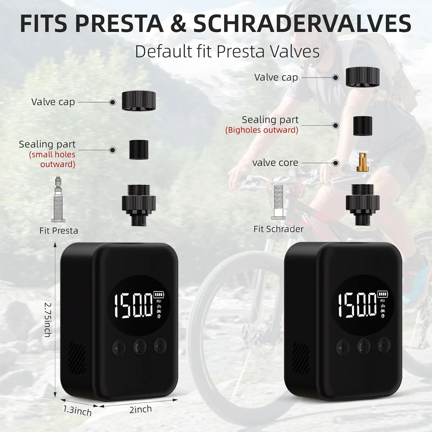 پمپ باد برقی کوچک دوچرخه قابل حمل با درجه، حداکثر 150 PSI، با دریچه های پرستا و شرادر، توقف خودکار برای دوچرخه های جاده ای، موتور سیکلت و کوهستان