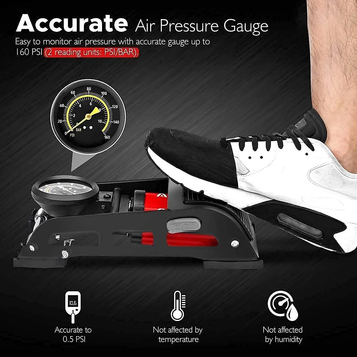 پمپ باد پدالی دو سیلندر قابل حمل | پمپ باد تایر با فشار سنج 160 PSI برای تایر خودرو | تایر دوچرخه | تایر موتور سیکلت | توپ