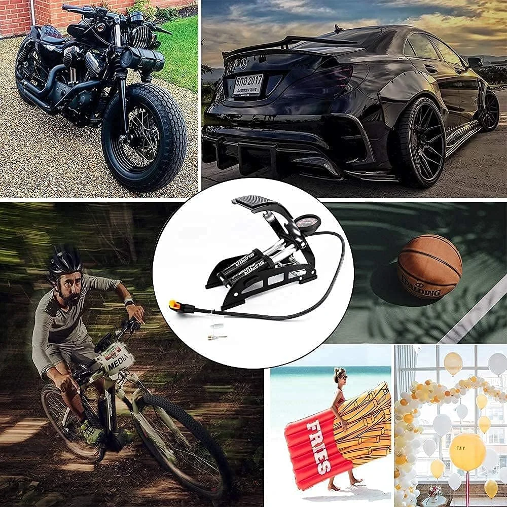 پمپ باد پدالی دو سیلندر قابل حمل | پمپ باد تایر با فشار سنج 160 PSI برای تایر خودرو | تایر دوچرخه | تایر موتور سیکلت | توپ