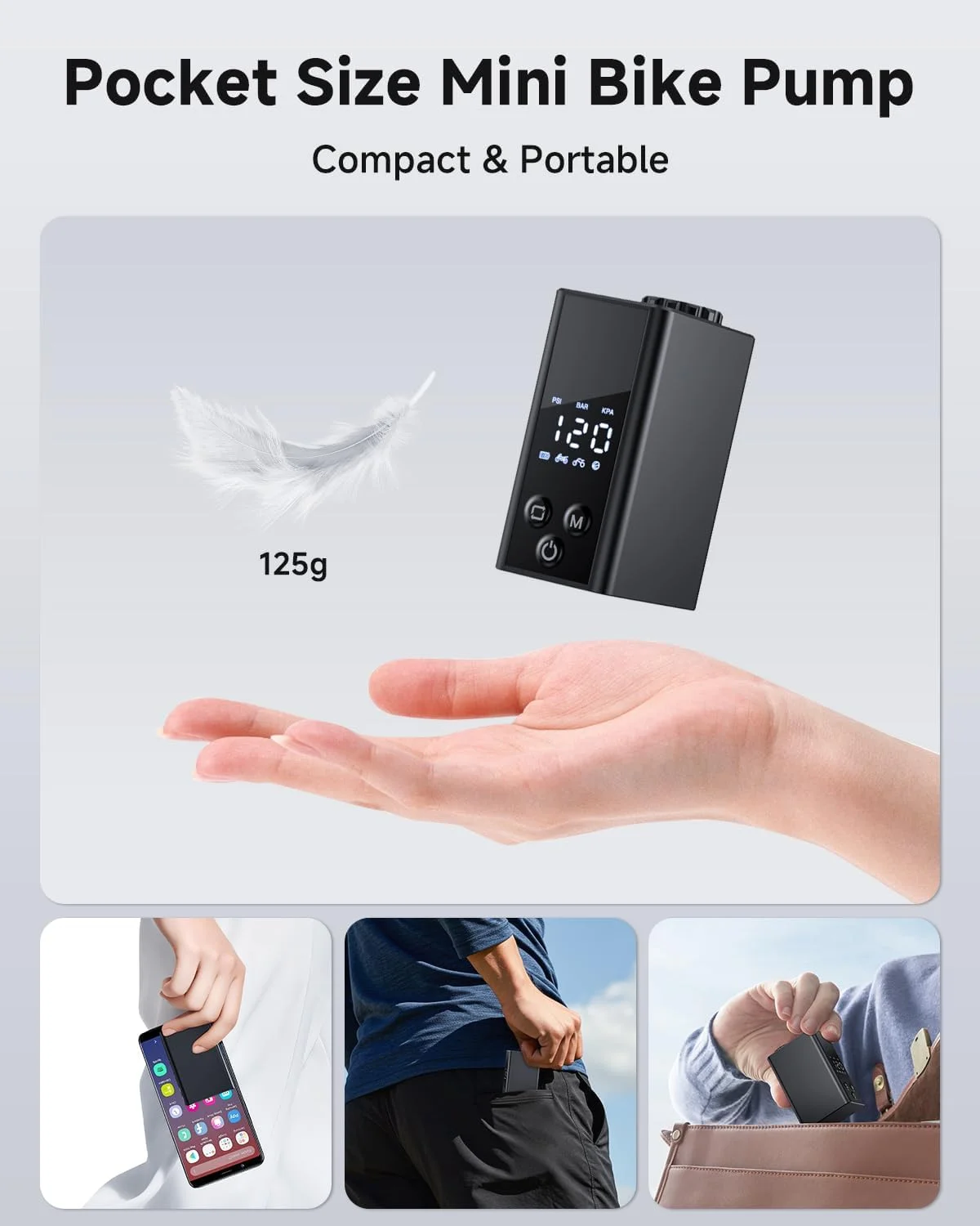 پمپ برقی کوچک موتور سیکلت با گیج، حداکثر 120 PSI، پمپ باد کوچک دوچرخه، توقف خودکار، پمپ هوای جیبی دوچرخه با 4 حالت، برای دوچرخه برقی، دوچرخه کوهستانی، دوچرخه شهری و توپ (بدنه آلومینیومی)