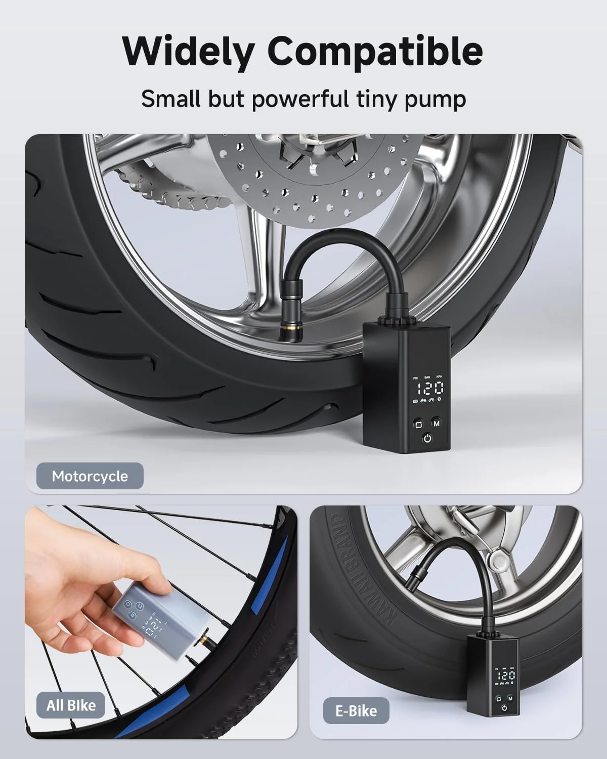 پمپ برقی کوچک موتور سیکلت با گیج، حداکثر 120 PSI، پمپ باد کوچک دوچرخه، توقف خودکار، پمپ هوای جیبی دوچرخه با 4 حالت، برای دوچرخه برقی، دوچرخه کوهستانی، دوچرخه شهری و توپ (بدنه آلومینیومی)