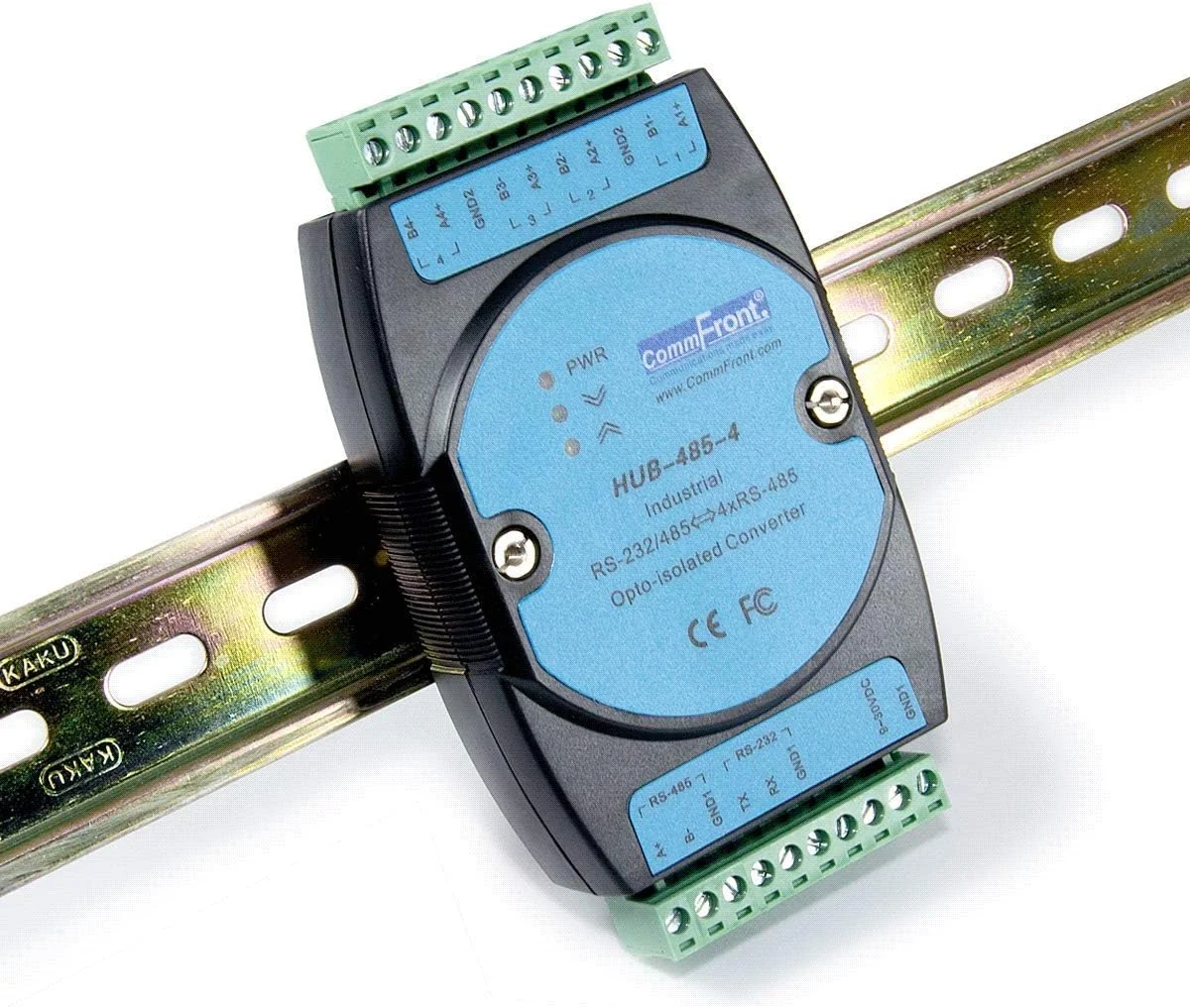هاب/اسپلیتر/تکرارکننده RS485 صنعتی ایزوله شده نوری COMMFRONT، ایزولاسیون نوری 2500 ولت، پشتیبانی از 4x128 نود RS-485 (قابل گسترش)، نصب روی ریل DIN/دیوار/پنل