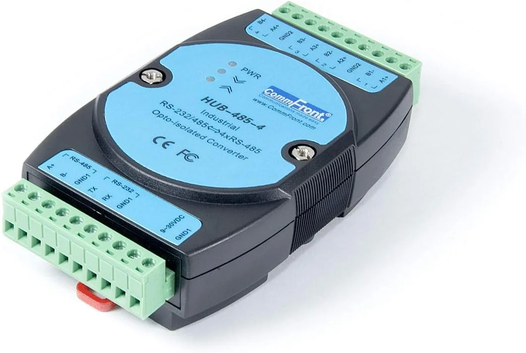 هاب/اسپلیتر/تکرارکننده RS485 صنعتی ایزوله شده نوری COMMFRONT، ایزولاسیون نوری 2500 ولت، پشتیبانی از 4x128 نود RS-485 (قابل گسترش)، نصب روی ریل DIN/دیوار/پنل