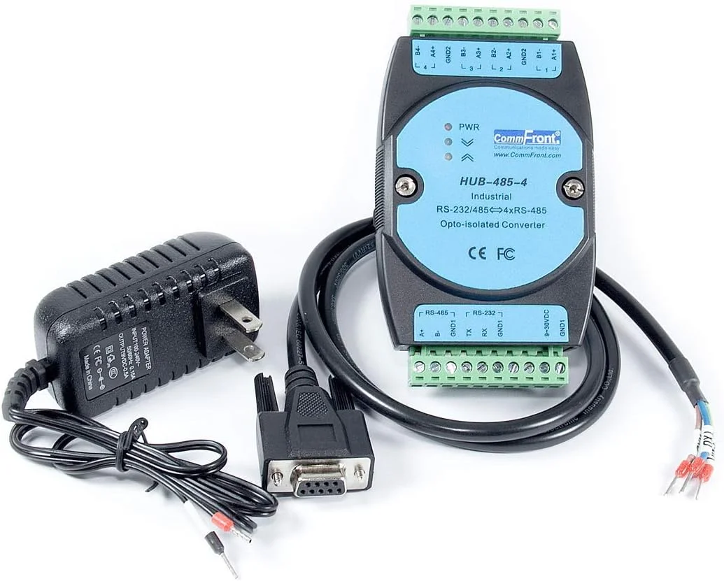هاب/اسپلیتر/تکرارکننده RS485 صنعتی ایزوله شده نوری COMMFRONT، ایزولاسیون نوری 2500 ولت، پشتیبانی از 4x128 نود RS-485 (قابل گسترش)، نصب روی ریل DIN/دیوار/پنل