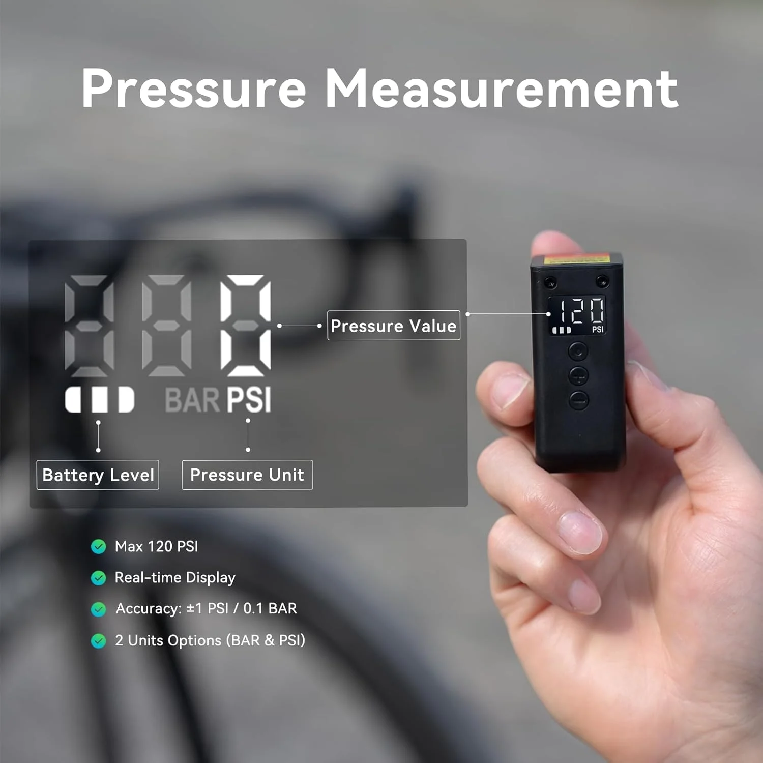 پمپ دوچرخه کوچک سایک پلاس با گیج، حداکثر 120 PSI پمپ مینی الکتریکی، توقف خودکار، با دریچه پرستا و شرادر برای دوچرخه های الکترونیکی، MTB و جاده AS2 Ultra (87 گرم)