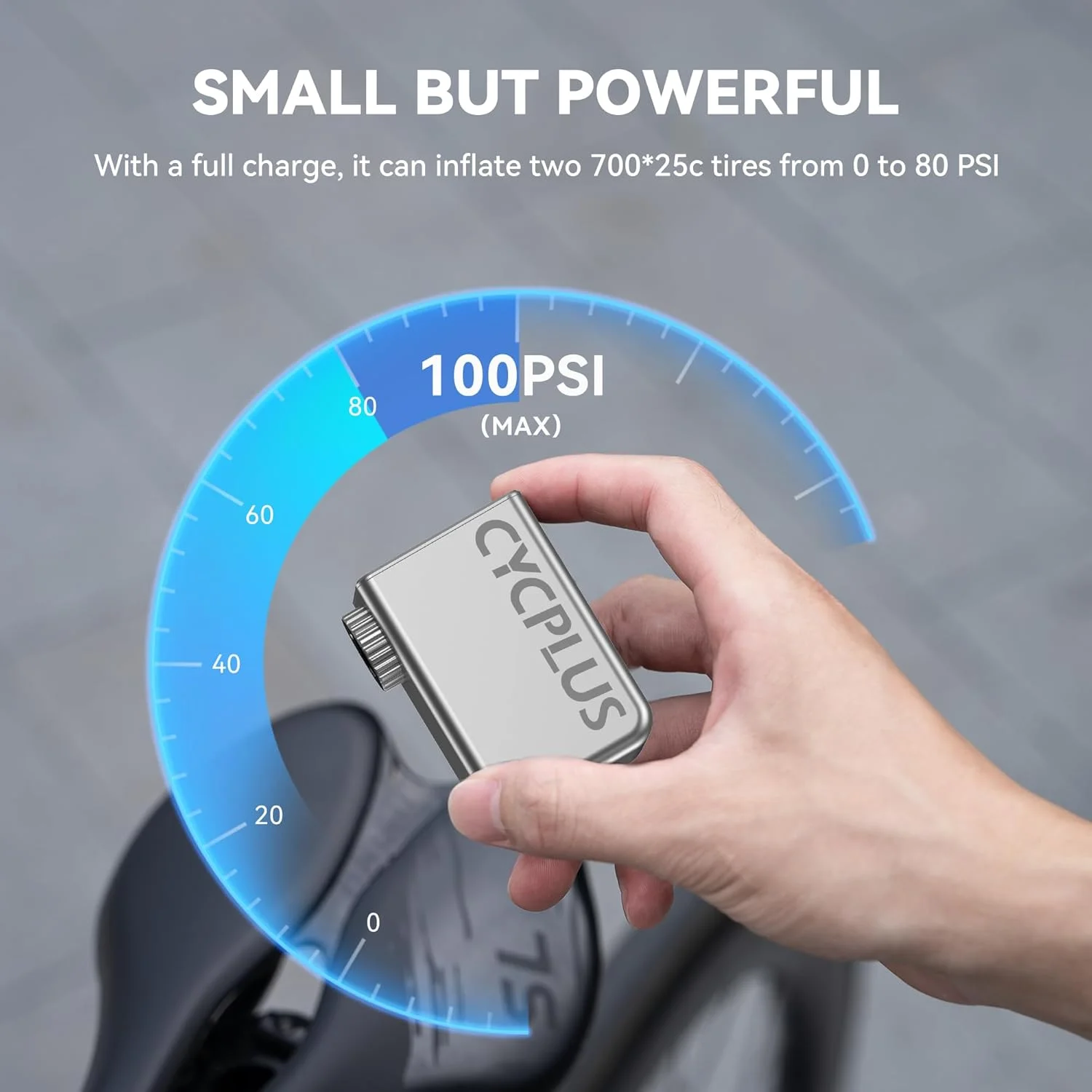 پمپ دوچرخه برقی فوق‌العاده کوچک CYCPLUS، قابل حمل، 100PSI، باتری قابل شارژ Type-C، بدون نمایشگر فشار (نقره‌ای)