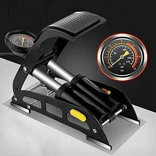 پمپ باد پدالی دو سیلندر قابل حمل با فشارسنج برای | لاستیک خودرو | لاستیک دوچرخه | توپ | تشک بادی (چند رنگ)