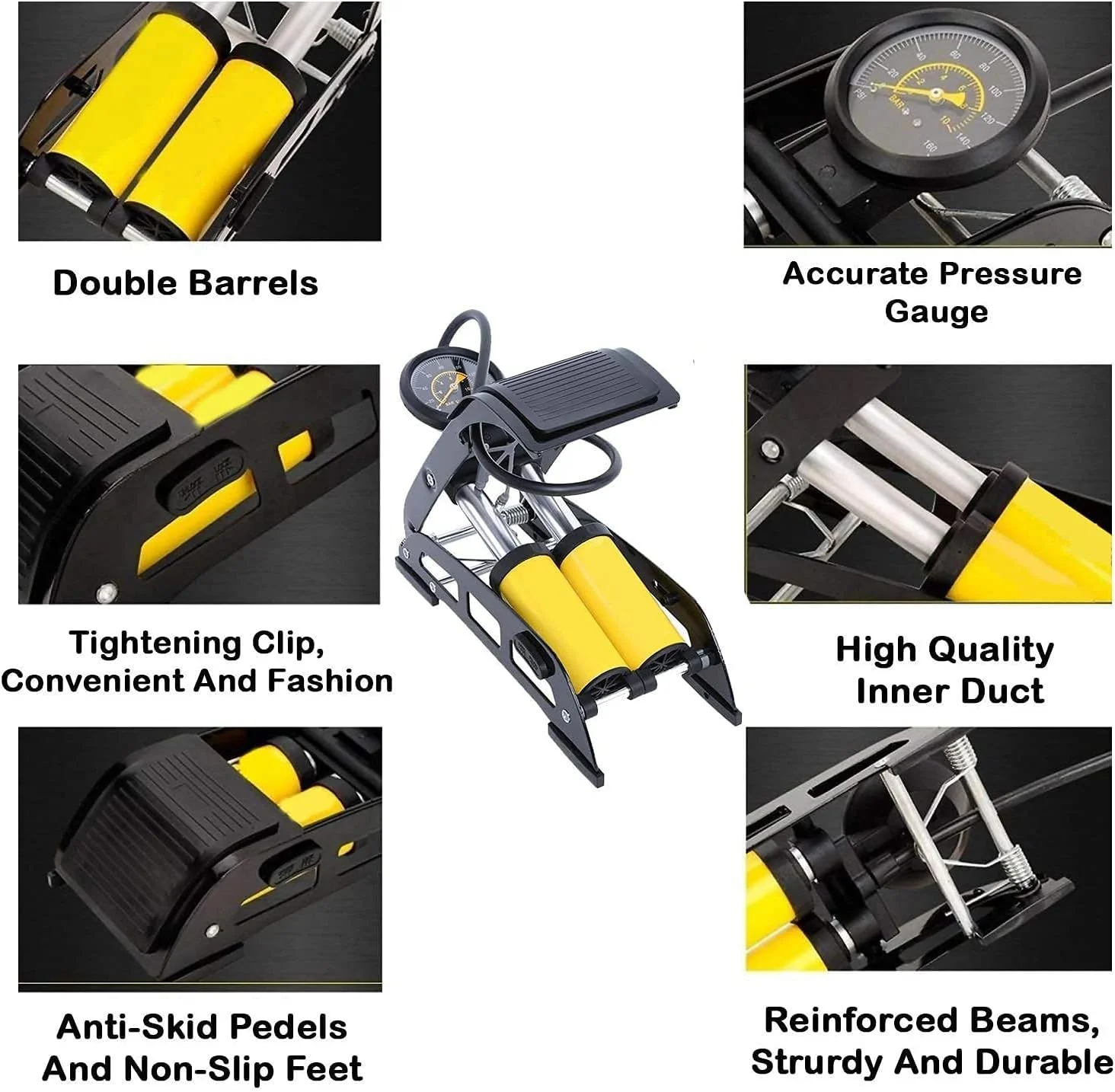 پمپ باد پدالی دو سیلندر قابل حمل با فشارسنج برای لاستیک خودرو، لاستیک دوچرخه، لاستیک موتور سیکلت، پمپ پایی، پمپ باد قابل حمل