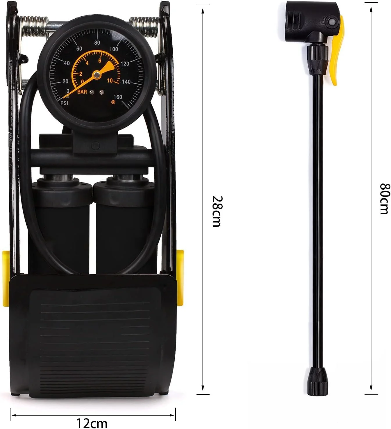 پمپ باد پدالی دو سیلندر HELEE برای دوچرخه، بدنه آلومینیومی با فشار 160PSI، دارای فشارسنج دقیق و سر والف هوشمند برای والف های پرستا، شرادر و آلمانی