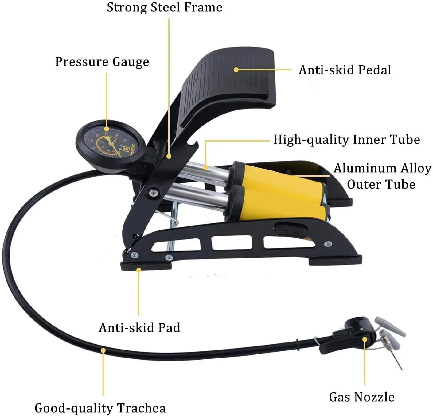پمپ باد پدالی دو سیلندر قابل حمل با فشارسنج برای لاستیک خودرو، لاستیک دوچرخه، لاستیک موتور سیکلت، پمپ پایی، پمپ باد قابل حمل