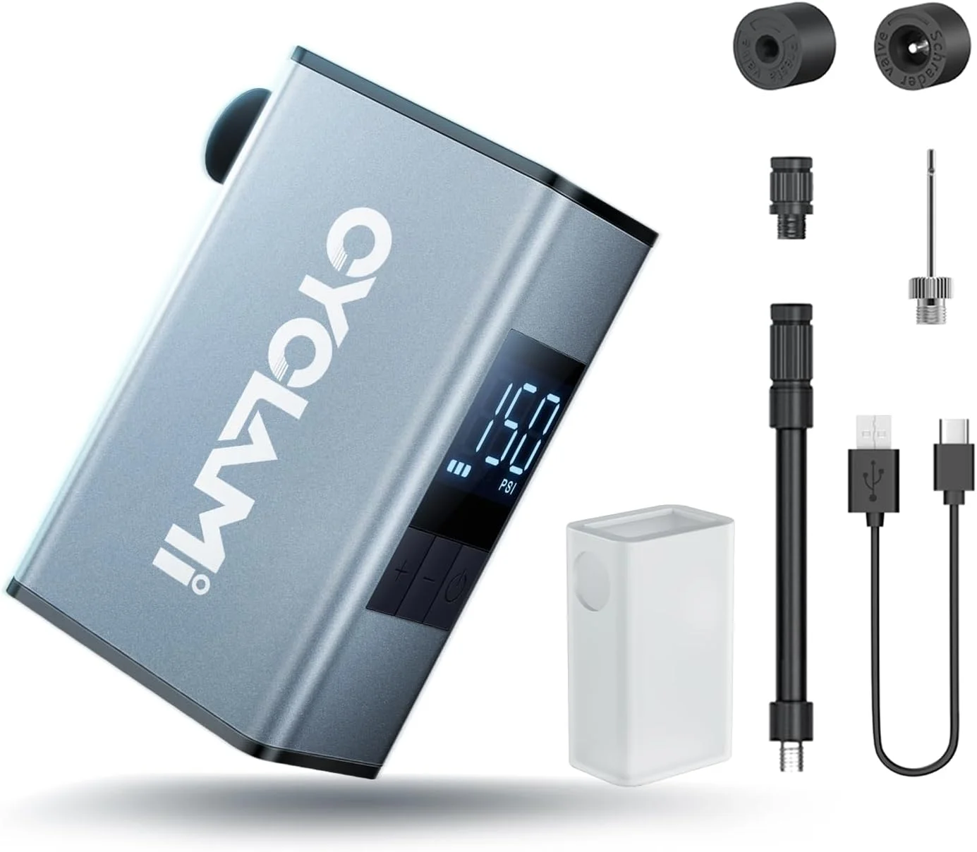 پمپ باد کوچک دوچرخه با درجه فشار، حداکثر 150 PSI، پمپ هوای برقی دوچرخه، توقف خودکار، با والف پرستا و شرادر، آلومینیومی برای همه دوچرخه ها، باتری قابل شارژ Type-C (A3MAX)
