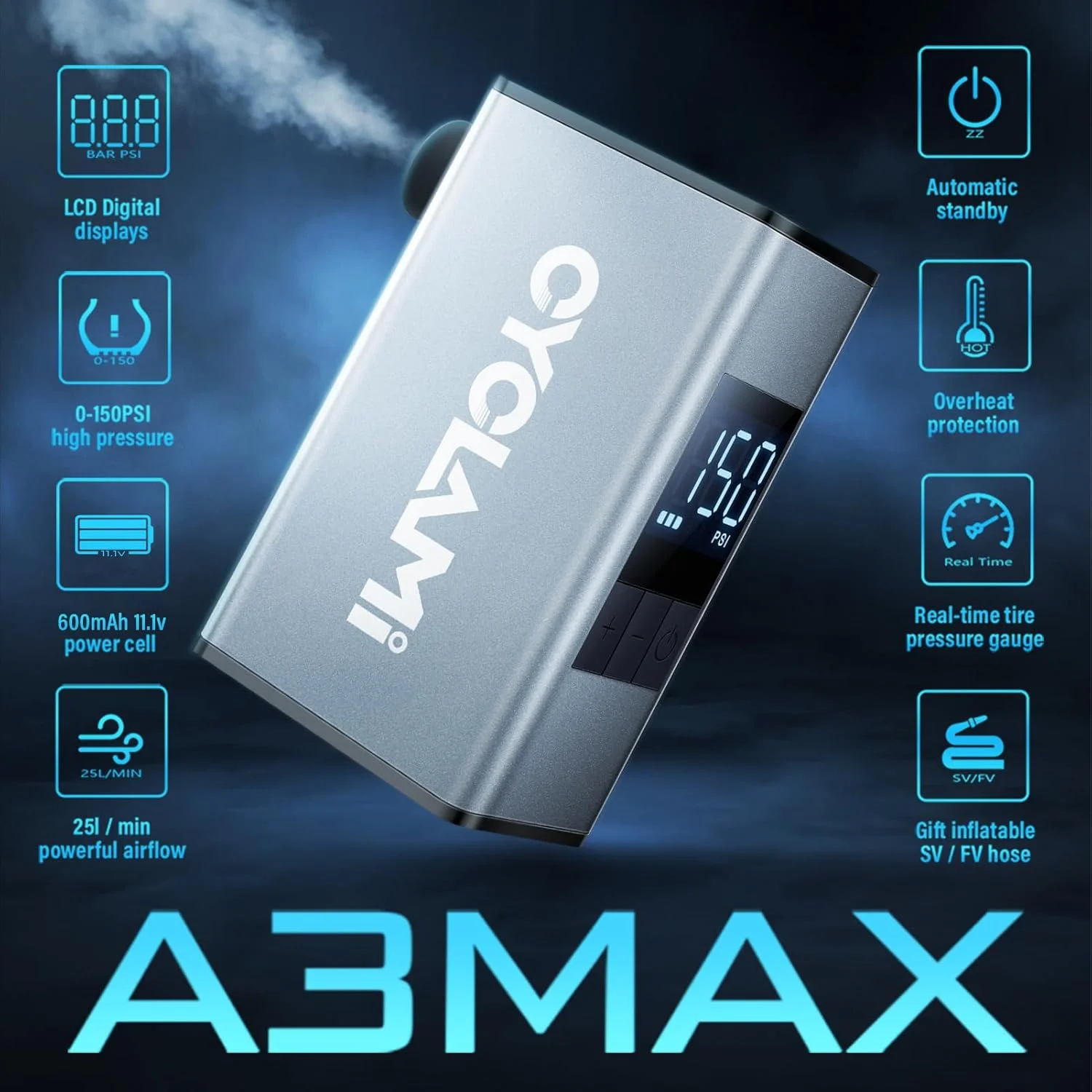 پمپ باد کوچک دوچرخه با درجه فشار، حداکثر 150 PSI، پمپ هوای برقی دوچرخه، توقف خودکار، با والف پرستا و شرادر، آلومینیومی برای همه دوچرخه ها، باتری قابل شارژ Type-C (A3MAX) پمپ باد کوچک دوچرخه با درجه فشار، حداکثر 150 PSI، پمپ هوای برقی دوچرخه، توقف خودکار، با والف پرستا و شرادر، آلومینیومی برای همه دوچرخه ها، باتری قابل شارژ Type-C (A3MAX)