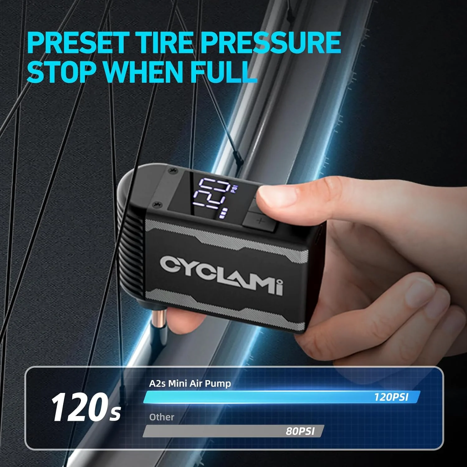 پمپ باد کوچک دوچرخه با درجه، پمپ هوای برقی دوچرخه CYCLAMI حداکثر 150/120/100 PSI، توقف خودکار، دریچه آلومینیومی پرستا و شرادر برای همه دوچرخه ها، باتری قابل شارژ Type-C پمپ باد کوچک دوچرخه با درجه، پمپ هوای برقی دوچرخه CYCLAMI حداکثر 150/120/100 PSI، توقف خودکار، دریچه آلومینیومی پرستا و شرادر برای همه دوچرخه ها، باتری قابل شارژ Type-C