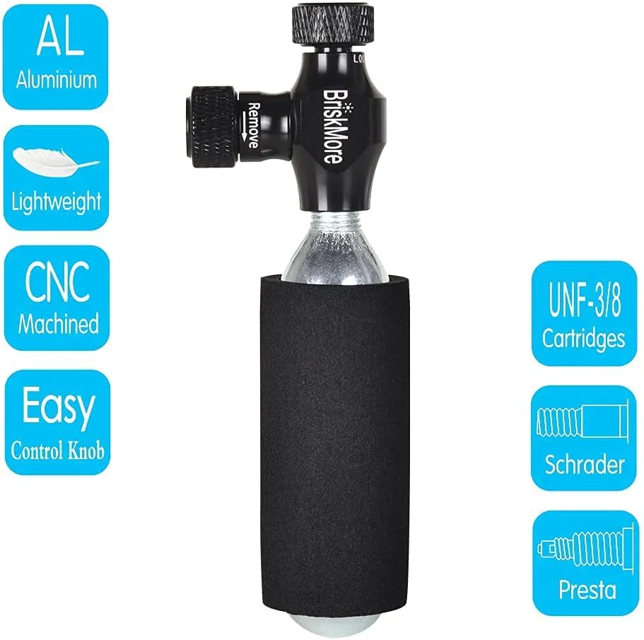 مجموعه پمپ CO2 با 9 عدد کارتریج 16 گرمی یا 5 عدد کارتریج CO2 16 گرمی، سازگار با والف های پرستا و شرادر، پمپ CO2 تایر دوچرخه، شامل روکش عایق