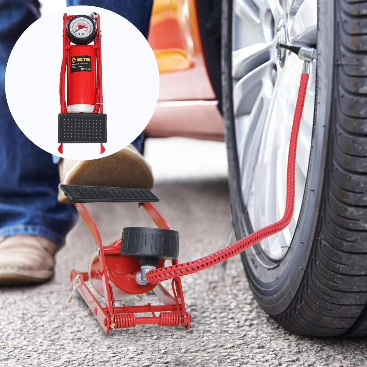 پمپ پایی، پمپ باد زمینی قابل حمل با درجه فشار دقیق و دریچه های هوشمند، پمپ باد 100PSI برای دوچرخه، موتور سیکلت، ماشین، توپ و سایر وسایل بادی