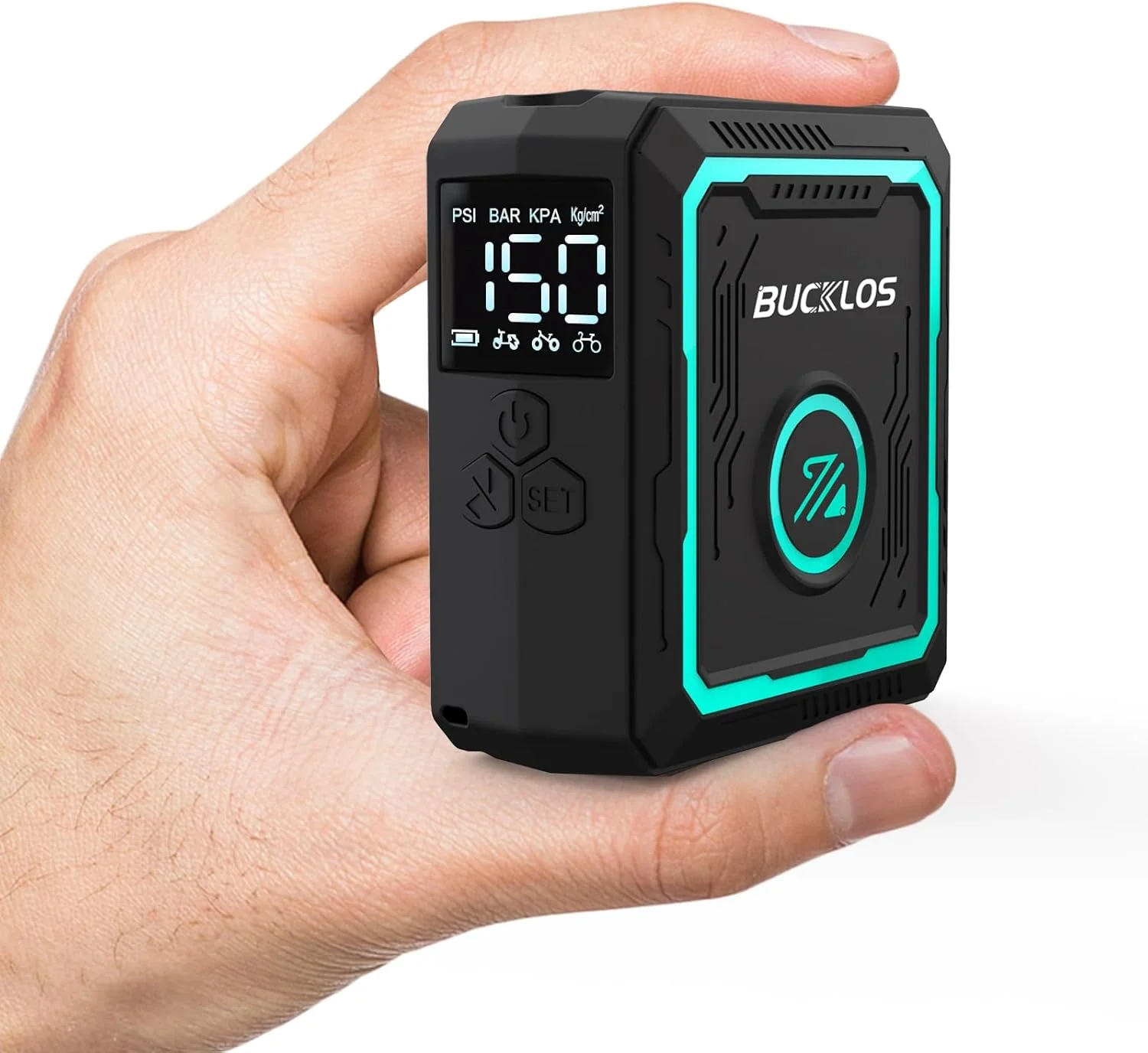 پمپ برقی کوچک دوچرخه باکلوس با گیج فشار دیجیتال، حداکثر 150PSI، پمپ باد قابل حمل و شارژی با توقف خودکار، دارای والف پرستا و شرادر برای دوچرخه کورسی، دوچرخه کوهستان و دوچرخه برقی