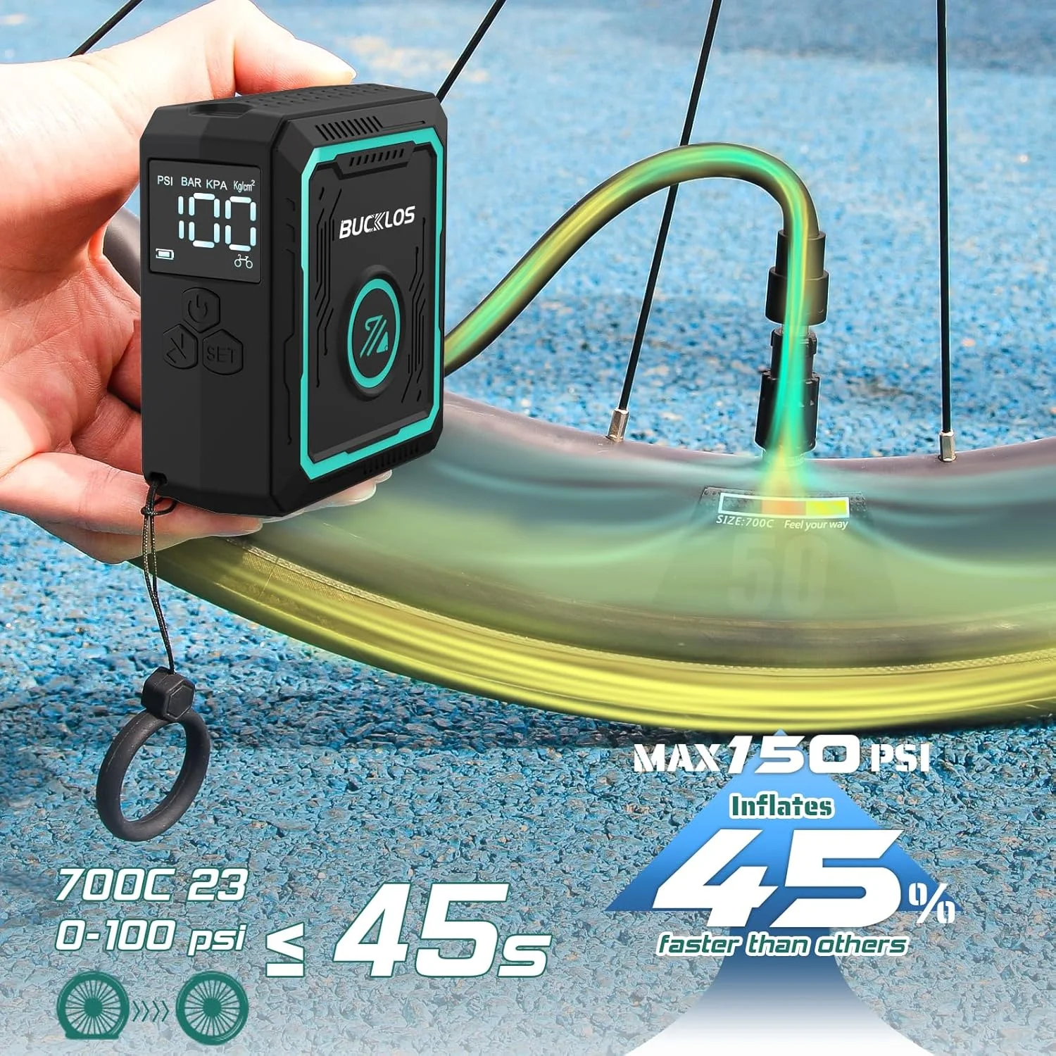 پمپ برقی کوچک دوچرخه باکلوس با گیج فشار دیجیتال، حداکثر 150PSI، پمپ باد قابل حمل و شارژی با توقف خودکار، دارای والف پرستا و شرادر برای دوچرخه کورسی، دوچرخه کوهستان و دوچرخه برقی