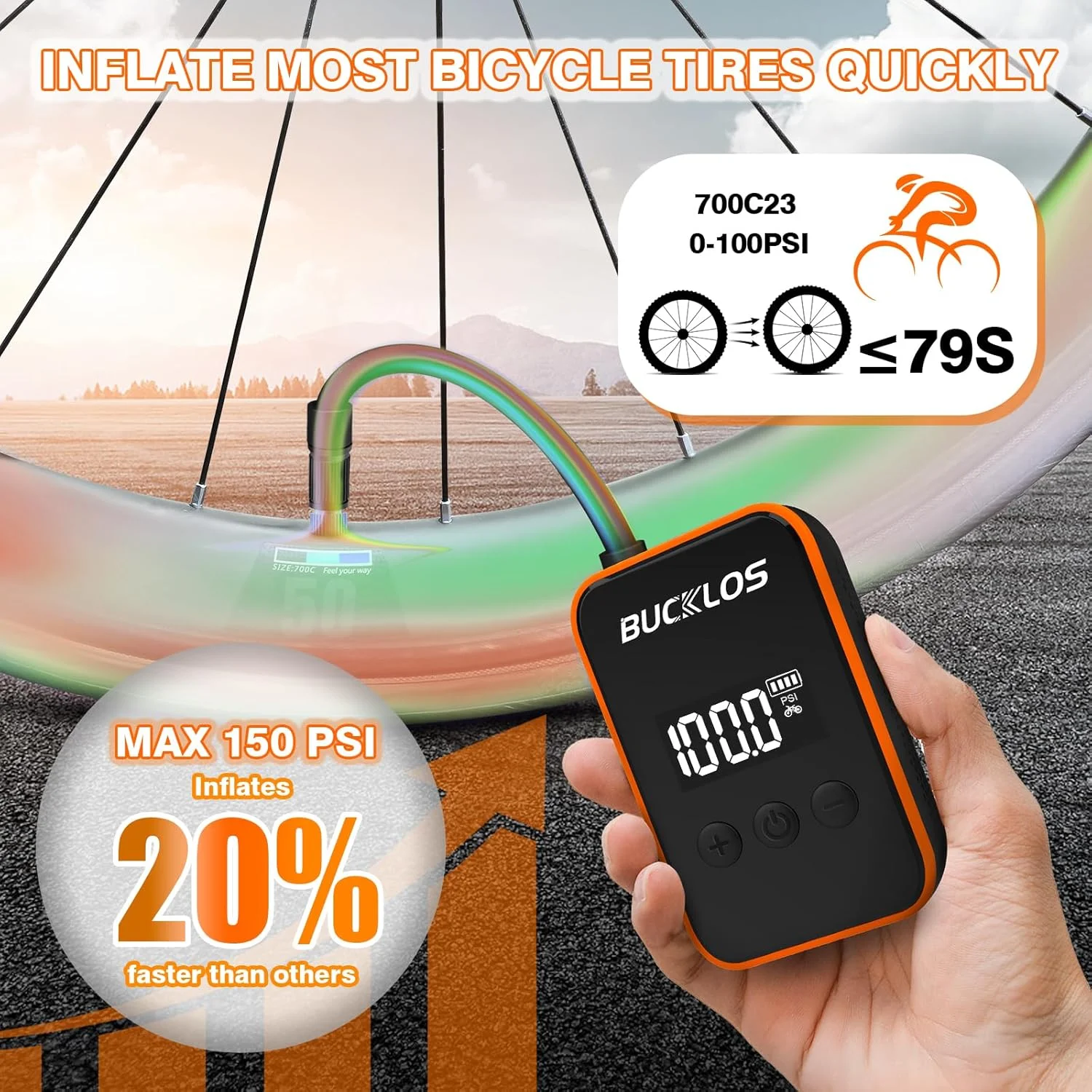 پمپ برقی کوچک دوچرخه BUCKLOS با نمایشگر LED، تلمبه باد قابل حمل 150PSI، پمپ هوای قابل شارژ Type-C با باتری 2000mAh، دریچه های Presta & Schrader، برای دوچرخه های جاده، کوهستان و دوچرخه های الکترونیکی